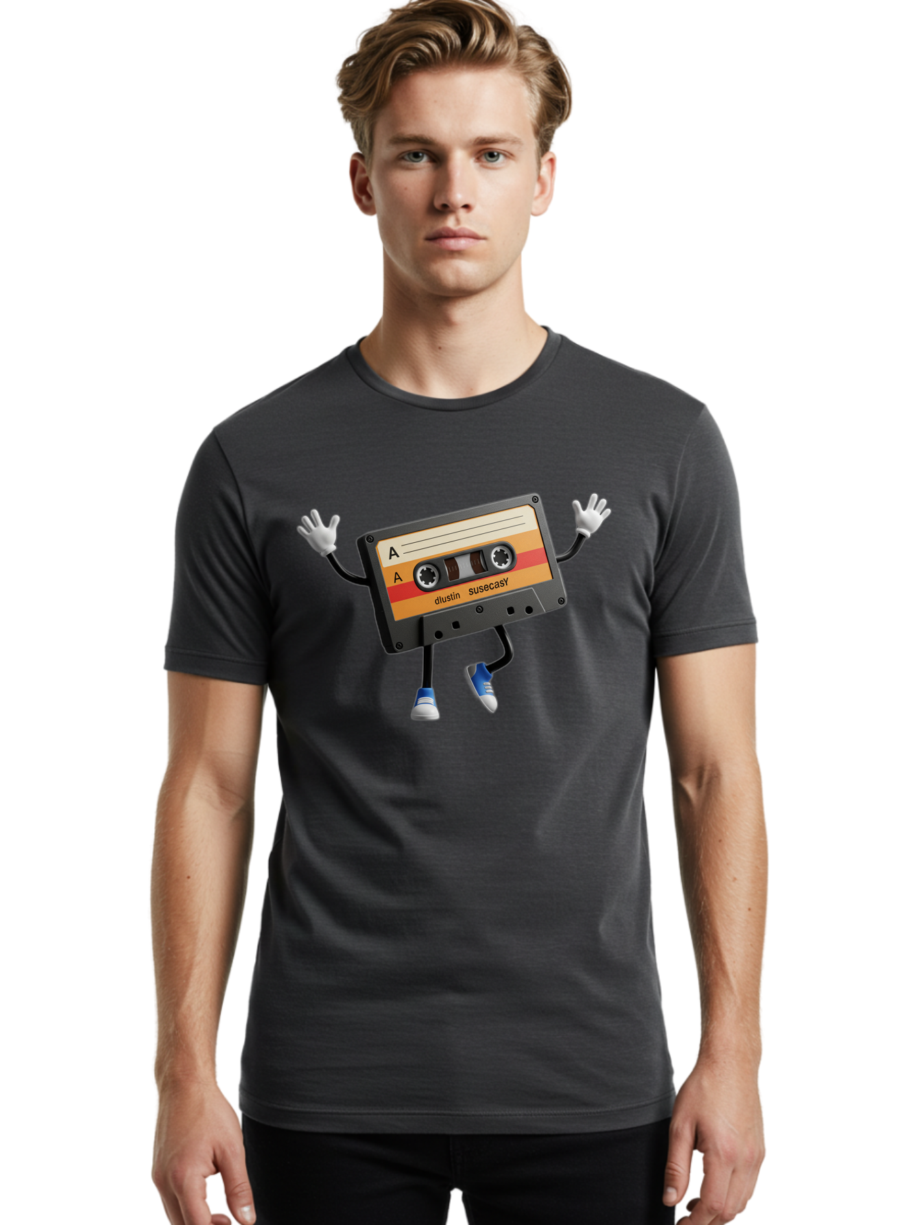 Dustin-Susacasy-Cassette Men'S Graphic Tee, 100% Cotton, Comfortable Casual Summer Wear, Machine Washable, Retro Cassette Tape Character, Vintage Music Format, Nostalgic Design, Animated Object, Dancin' Mixtape, Funky Art Style, Playful Vibe, Baa571