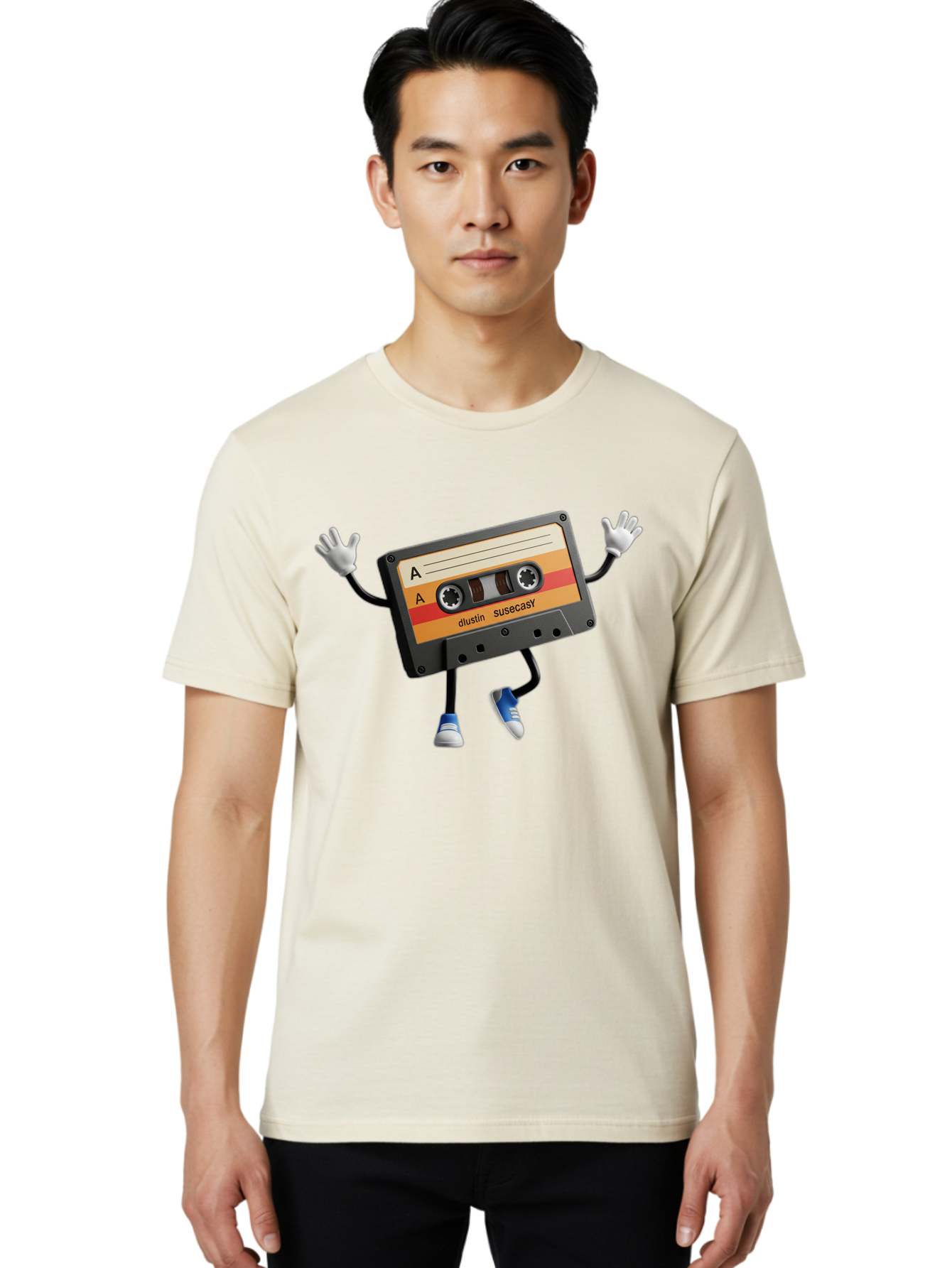 Dustin-Susacasy-Cassette Men'S Graphic Tee, 100% Cotton, Comfortable Casual Summer Wear, Machine Washable, Retro Cassette Tape Character, Vintage Music Format, Nostalgic Design, Animated Object, Dancin' Mixtape, Funky Art Style, Playful Vibe, Baa571