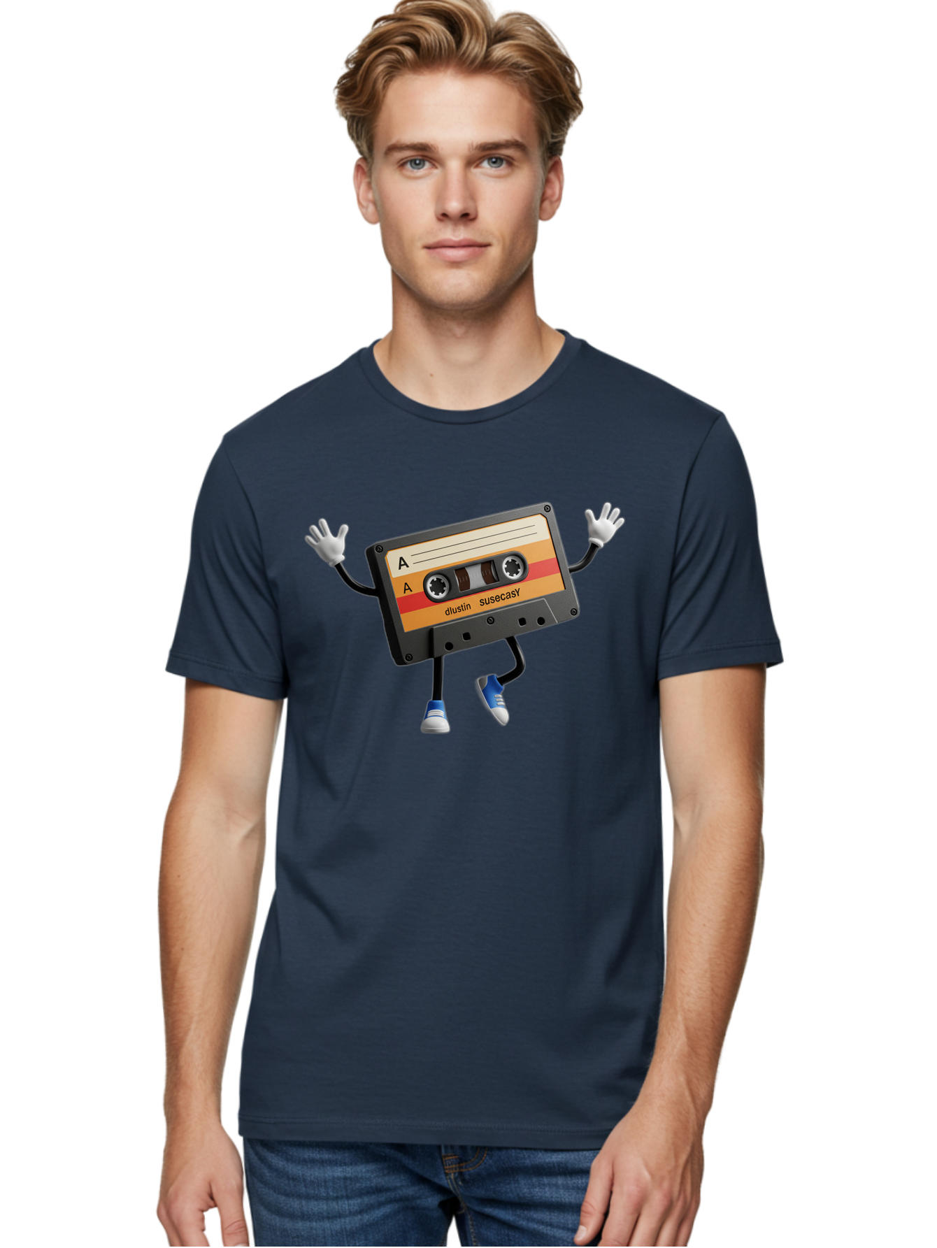 Dustin-Susacasy-Cassette Men'S Graphic Tee, 100% Cotton, Comfortable Casual Summer Wear, Machine Washable, Retro Cassette Tape Character, Vintage Music Format, Nostalgic Design, Animated Object, Dancin' Mixtape, Funky Art Style, Playful Vibe, Baa571