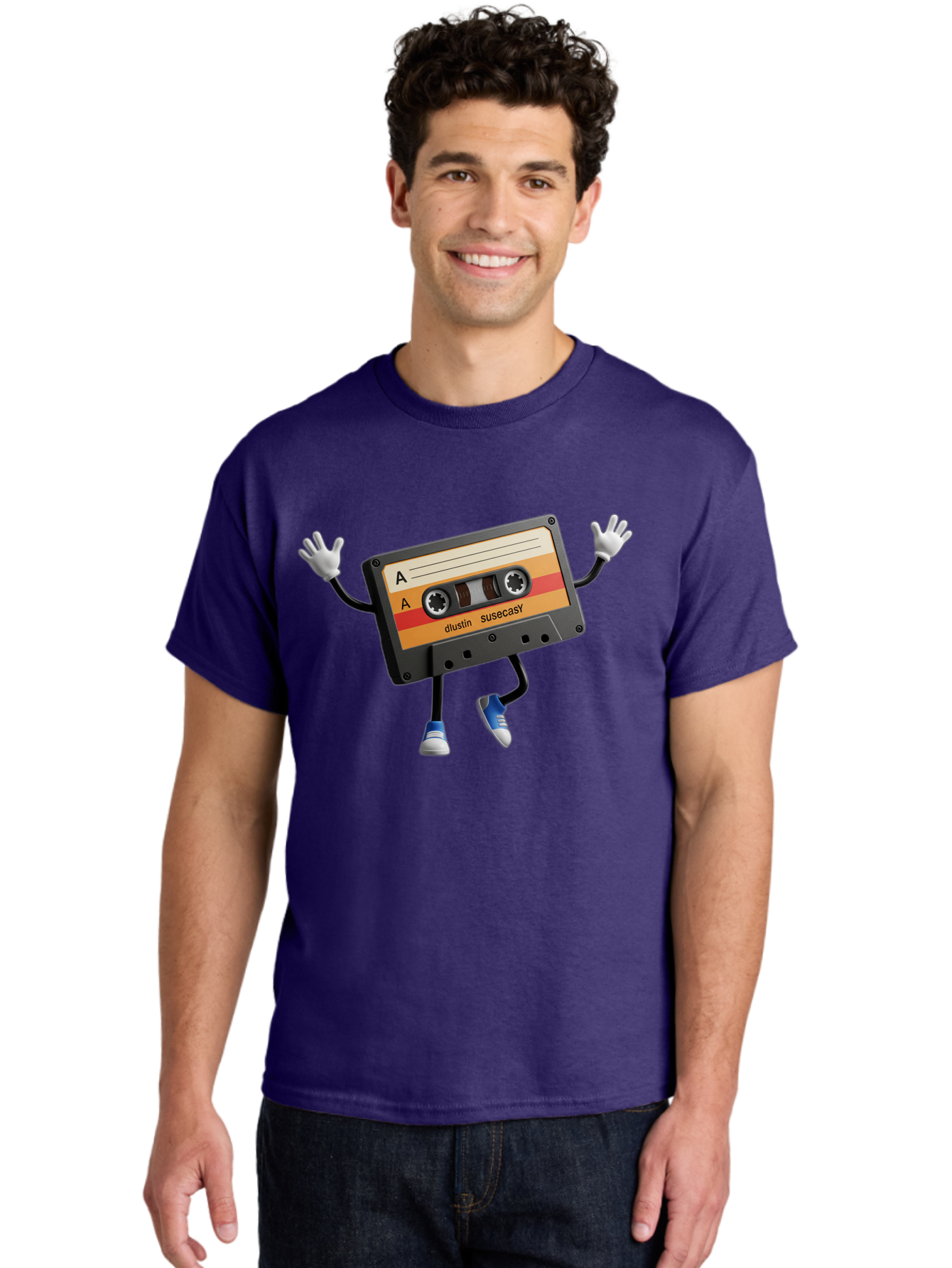 Dustin-Susacasy-Cassette Men'S Graphic Tee, 100% Cotton, Comfortable Casual Summer Wear, Machine Washable, Retro Cassette Tape Character, Vintage Music Format, Nostalgic Design, Animated Object, Dancin' Mixtape, Funky Art Style, Playful Vibe, Baa571