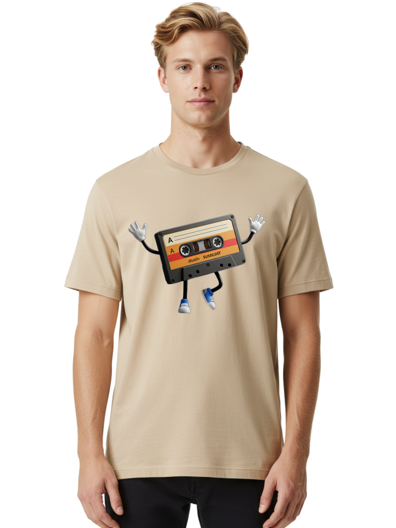 Dustin-Susacasy-Cassette Men'S Graphic Tee, 100% Cotton, Comfortable Casual Summer Wear, Machine Washable, Retro Cassette Tape Character, Vintage Music Format, Nostalgic Design, Animated Object, Dancin' Mixtape, Funky Art Style, Playful Vibe, Baa571