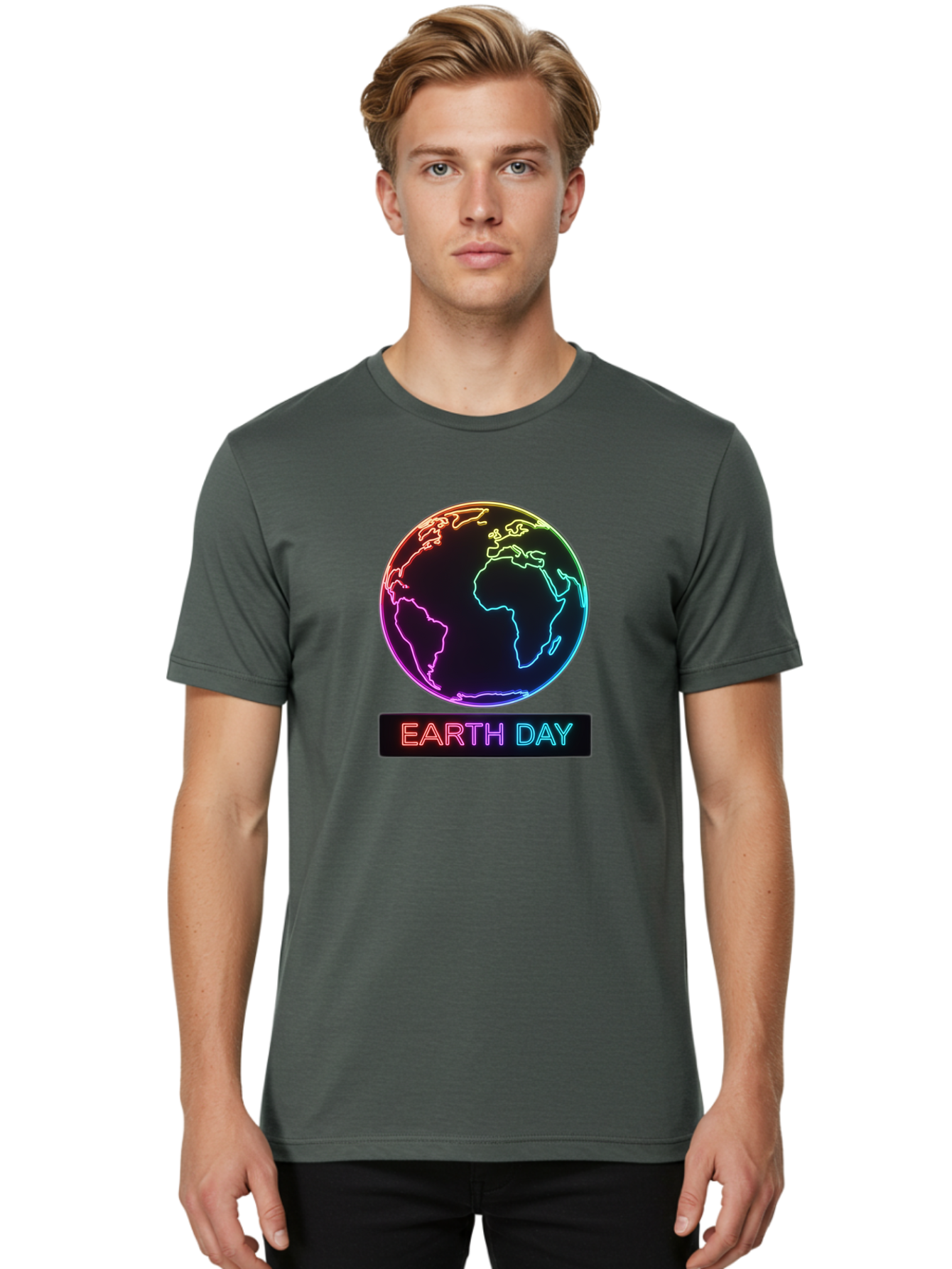 Earth-Day-1 Men'S Graphic Tee, 100% Cotton, Comfortable Casual Summer Wear, Machine Washable, Earth Day, Planet Earth, Globe, Neon Lights, Colorful Graphics, Environmental Awareness, Conservation, Sustainability, Eco-Friendly, World Map Baa573