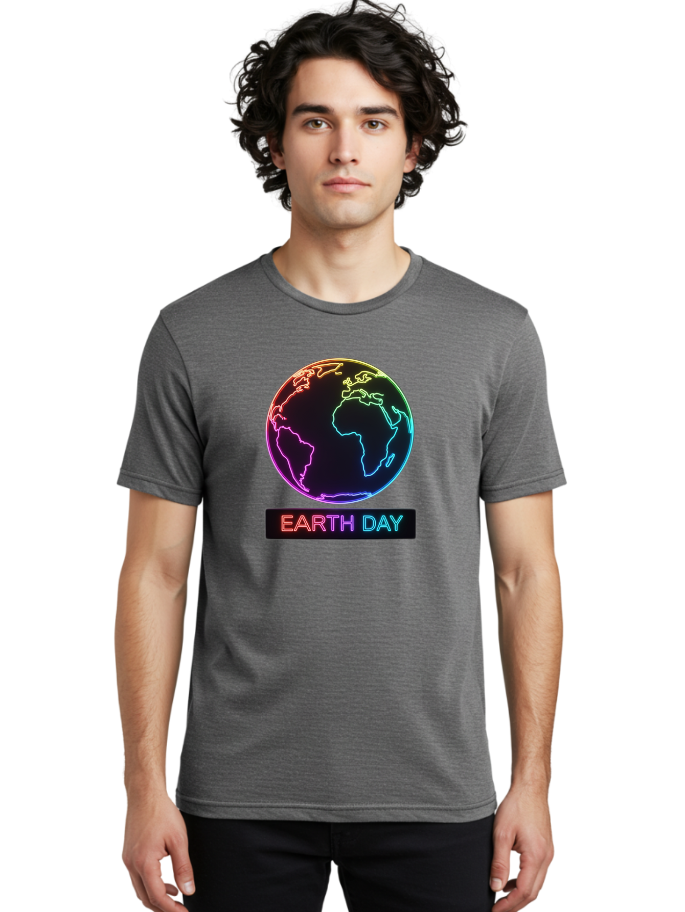 Earth-Day-1 Men'S Graphic Tee, 100% Cotton, Comfortable Casual Summer Wear, Machine Washable, Earth Day, Planet Earth, Globe, Neon Lights, Colorful Graphics, Environmental Awareness, Conservation, Sustainability, Eco-Friendly, World Map Baa573