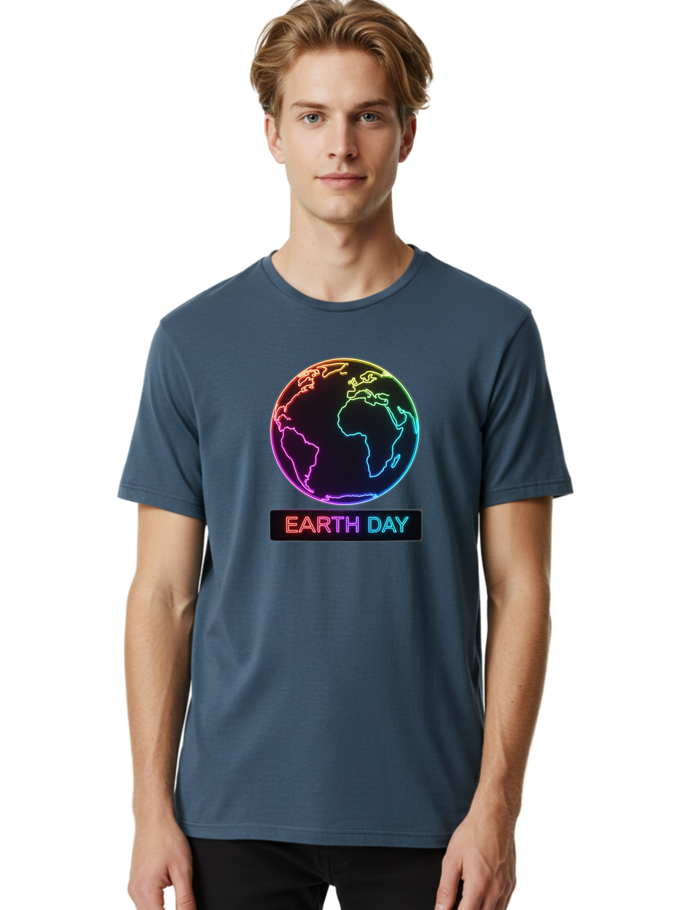 Earth-Day-1 Men'S Graphic Tee, 100% Cotton, Comfortable Casual Summer Wear, Machine Washable, Earth Day, Planet Earth, Globe, Neon Lights, Colorful Graphics, Environmental Awareness, Conservation, Sustainability, Eco-Friendly, World Map Baa573