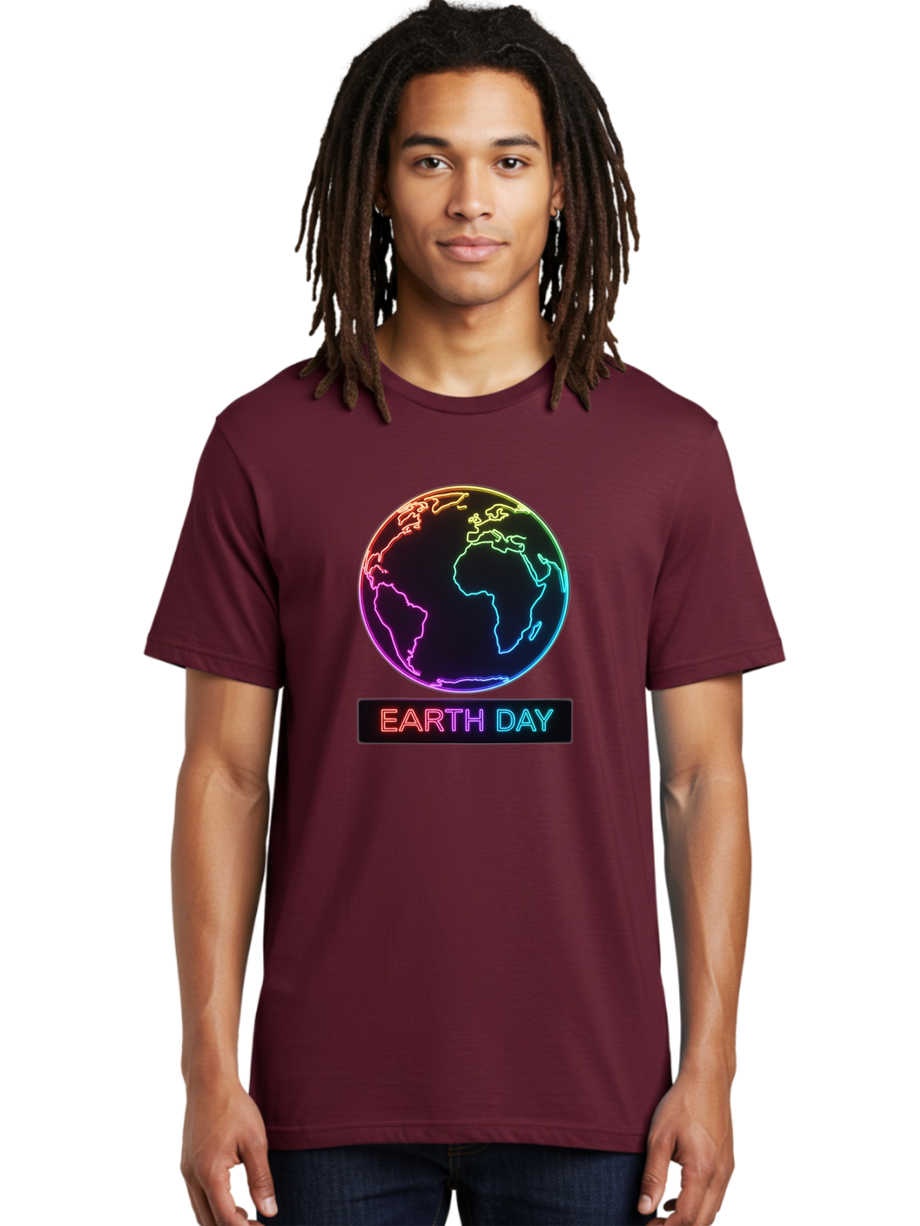 Earth-Day-1 Men'S Graphic Tee, 100% Cotton, Comfortable Casual Summer Wear, Machine Washable, Earth Day, Planet Earth, Globe, Neon Lights, Colorful Graphics, Environmental Awareness, Conservation, Sustainability, Eco-Friendly, World Map Baa573