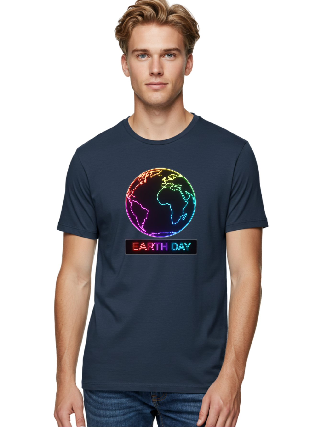 Earth-Day-1 Men'S Graphic Tee, 100% Cotton, Comfortable Casual Summer Wear, Machine Washable, Earth Day, Planet Earth, Globe, Neon Lights, Colorful Graphics, Environmental Awareness, Conservation, Sustainability, Eco-Friendly, World Map Baa573
