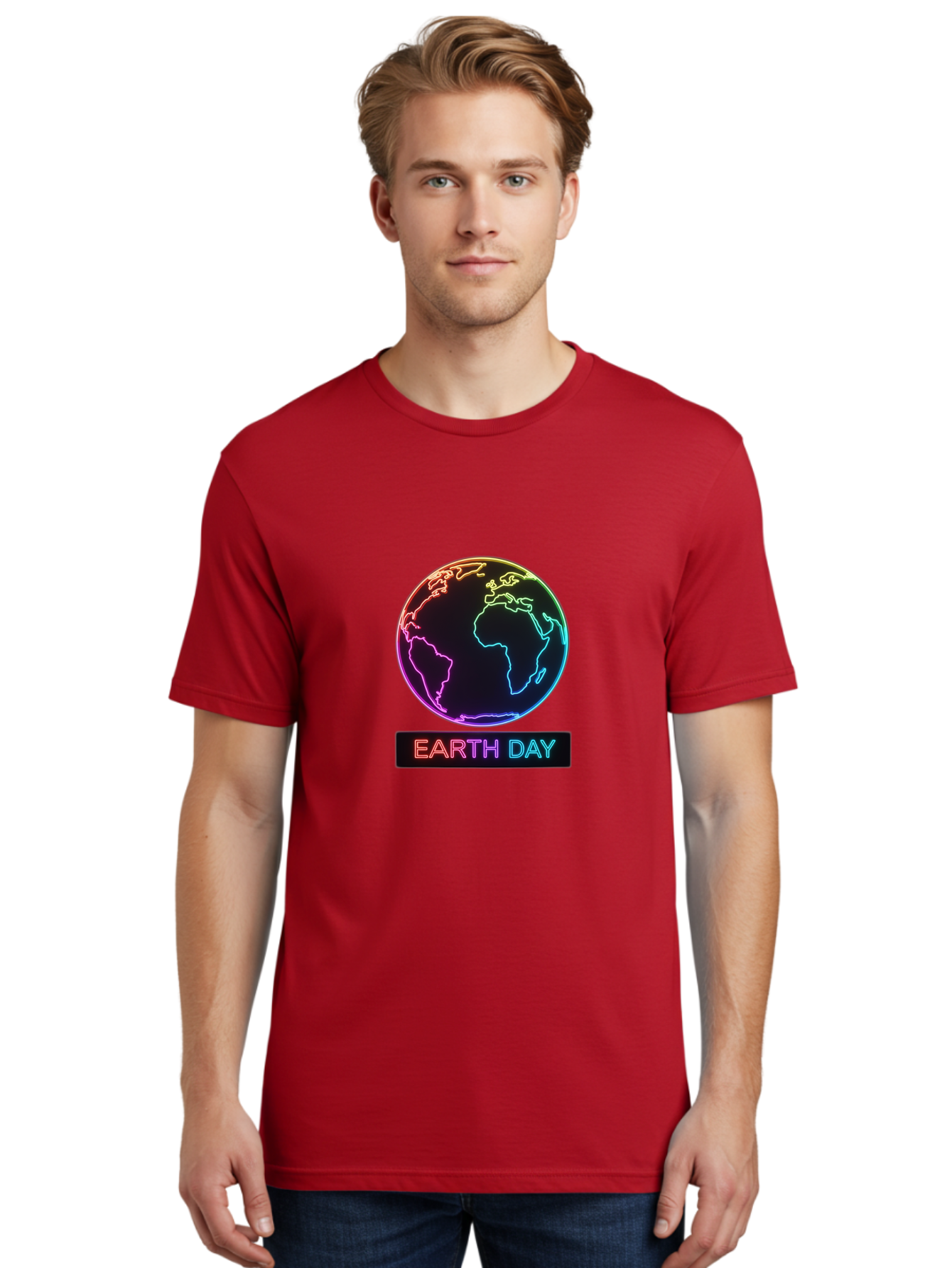 Earth-Day-1 Men'S Graphic Tee, 100% Cotton, Comfortable Casual Summer Wear, Machine Washable, Earth Day, Planet Earth, Globe, Neon Lights, Colorful Graphics, Environmental Awareness, Conservation, Sustainability, Eco-Friendly, World Map Baa573
