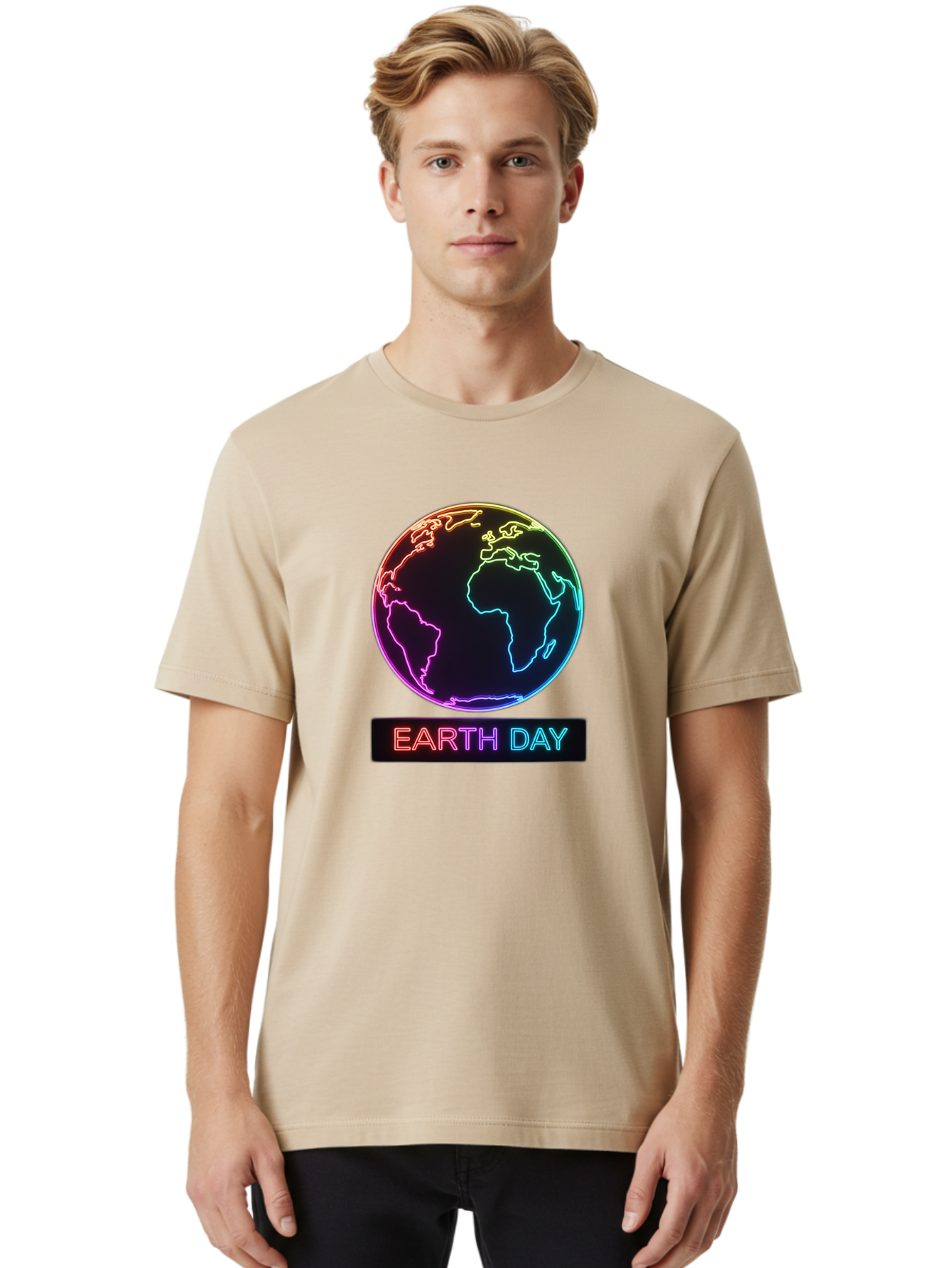 Earth-Day-1 Men'S Graphic Tee, 100% Cotton, Comfortable Casual Summer Wear, Machine Washable, Earth Day, Planet Earth, Globe, Neon Lights, Colorful Graphics, Environmental Awareness, Conservation, Sustainability, Eco-Friendly, World Map Baa573