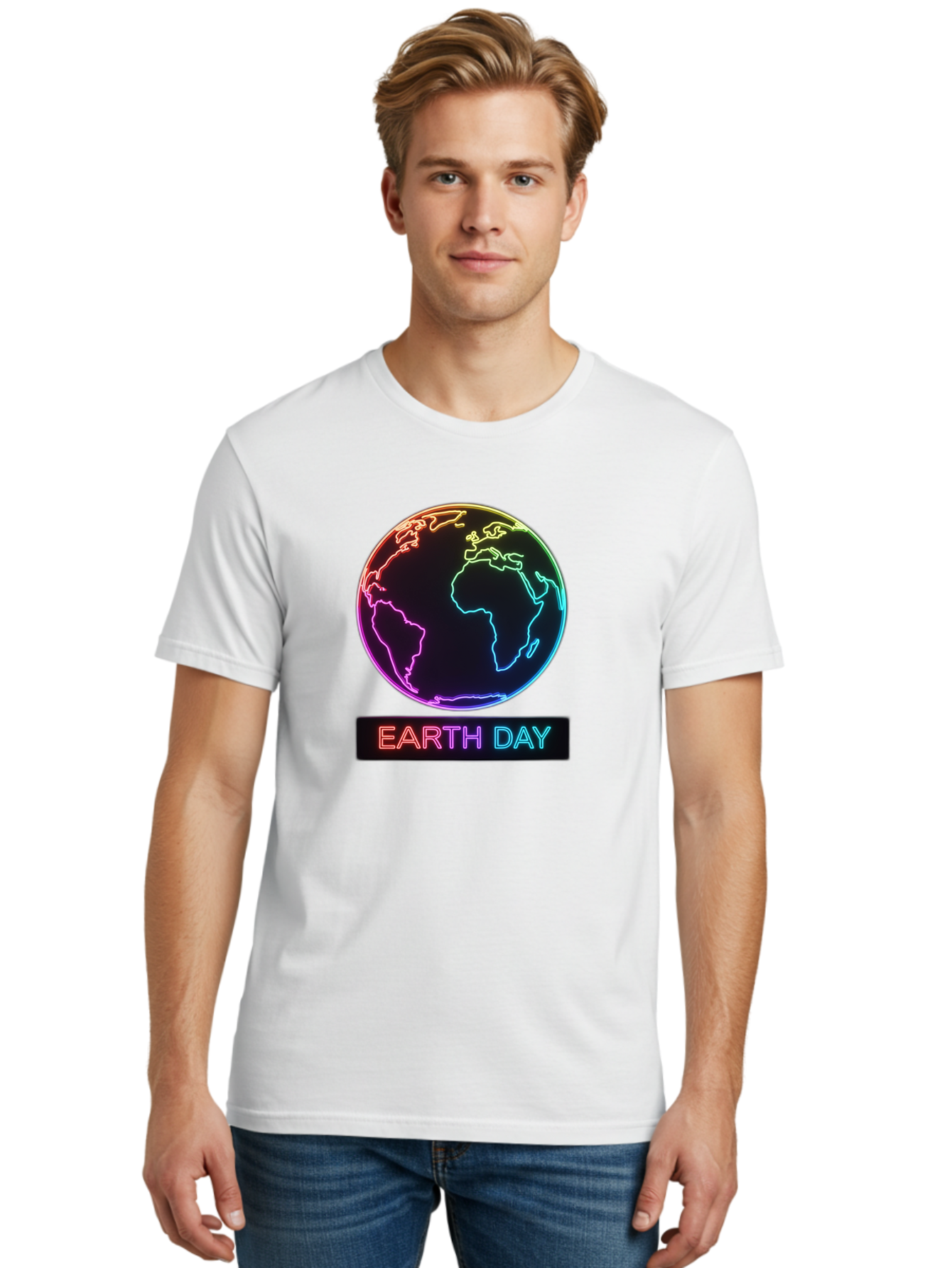 Earth-Day-1 Men'S Graphic Tee, 100% Cotton, Comfortable Casual Summer Wear, Machine Washable, Earth Day, Planet Earth, Globe, Neon Lights, Colorful Graphics, Environmental Awareness, Conservation, Sustainability, Eco-Friendly, World Map Baa573