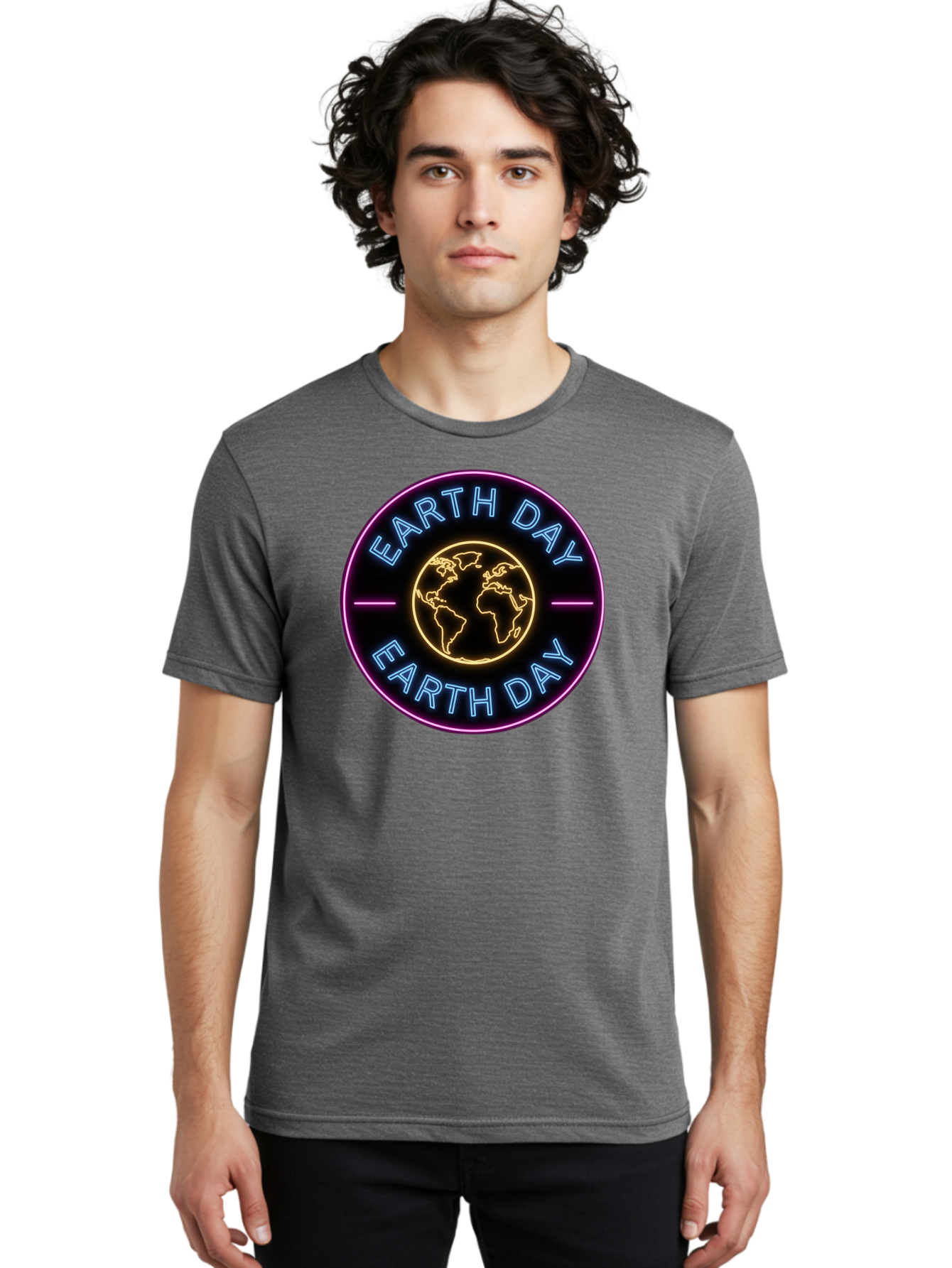 Earth-Day Men'S Graphic Tee, 100% Cotton, Comfortable Casual Summer Wear, Machine Washable, Earth Day Logo, Neon Sign, Global Awareness, Environmental Conservation, Eco-Friendly, Sustainability, Planet Earth Baa574