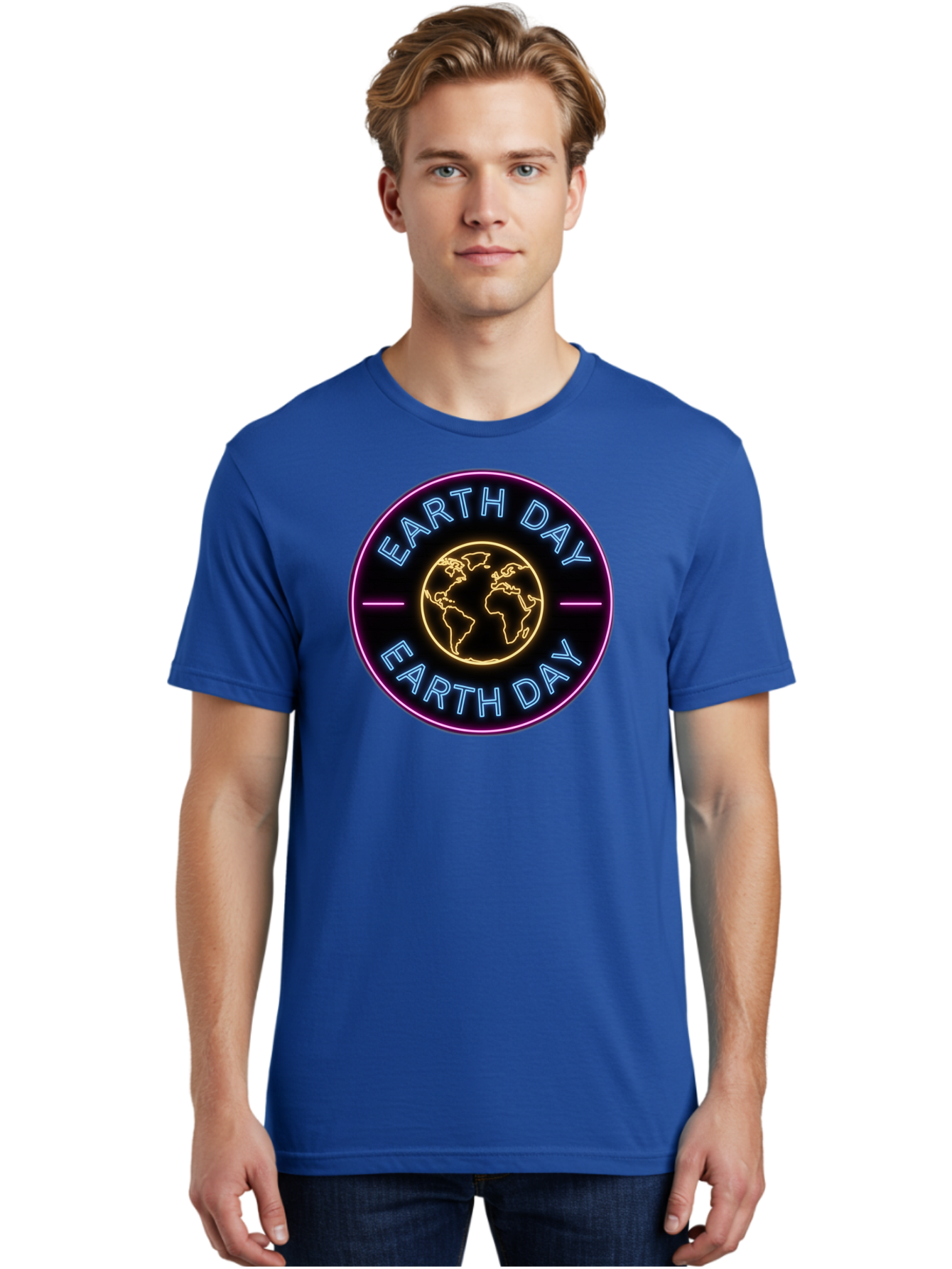Earth-Day Men'S Graphic Tee, 100% Cotton, Comfortable Casual Summer Wear, Machine Washable, Earth Day Logo, Neon Sign, Global Awareness, Environmental Conservation, Eco-Friendly, Sustainability, Planet Earth Baa574