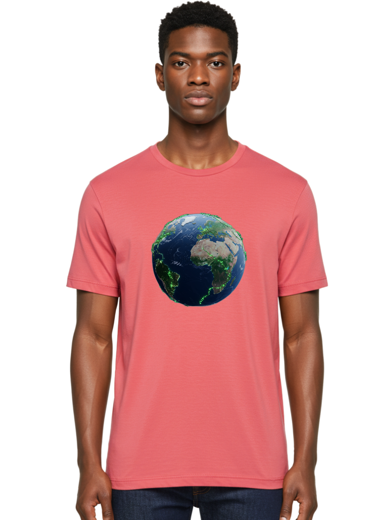 Earth-From-Space Men'S Graphic Tee, 100% Cotton, Comfortable Casual Summer Wear, Machine Washable, Globe Showing Africa And Europe, World Map, Planet Earth, Global Geography, Satellite View, International Connections, Global Technology Baa575