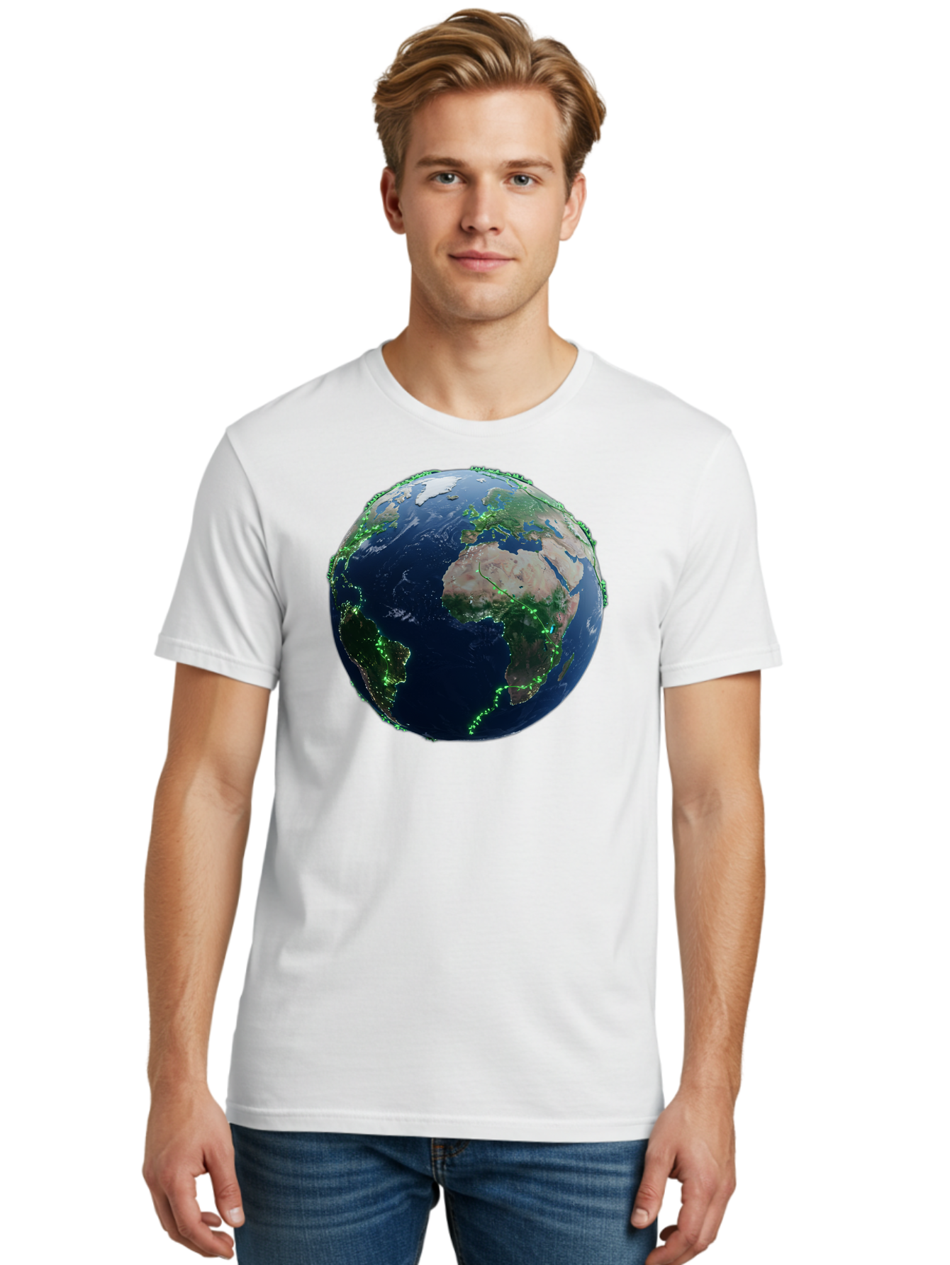 Earth-From-Space Men'S Graphic Tee, 100% Cotton, Comfortable Casual Summer Wear, Machine Washable, Globe Showing Africa And Europe, World Map, Planet Earth, Global Geography, Satellite View, International Connections, Global Technology Baa575