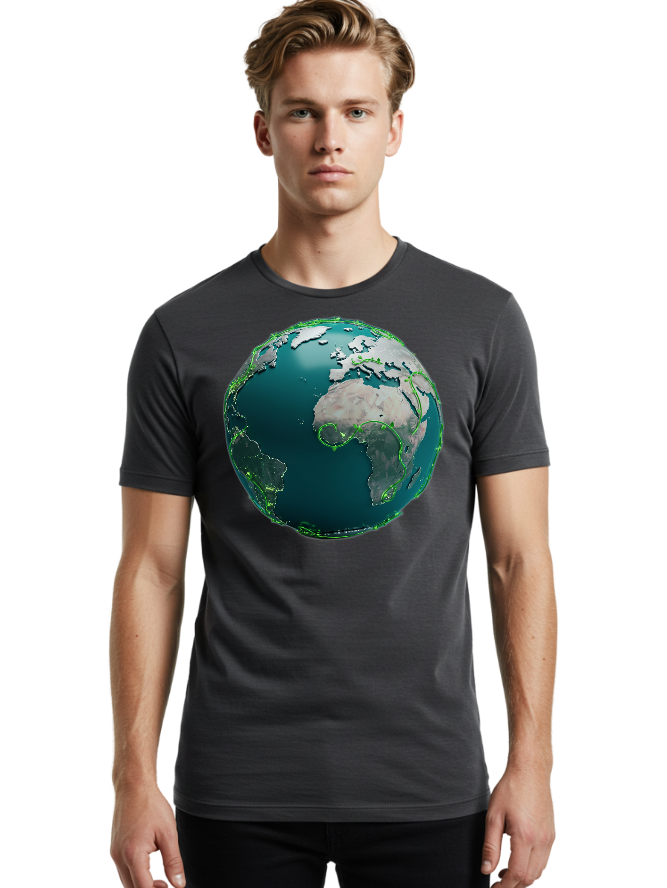 Earth-Globe-2 Men'S Graphic Tee, 100% Cotton, Comfortable Casual Summer Wear, Machine Washable, 3D Globe, World Map, Global Geography, International Boundaries, Africa And South America, Oceanic And Continental Landmasses, Baa577