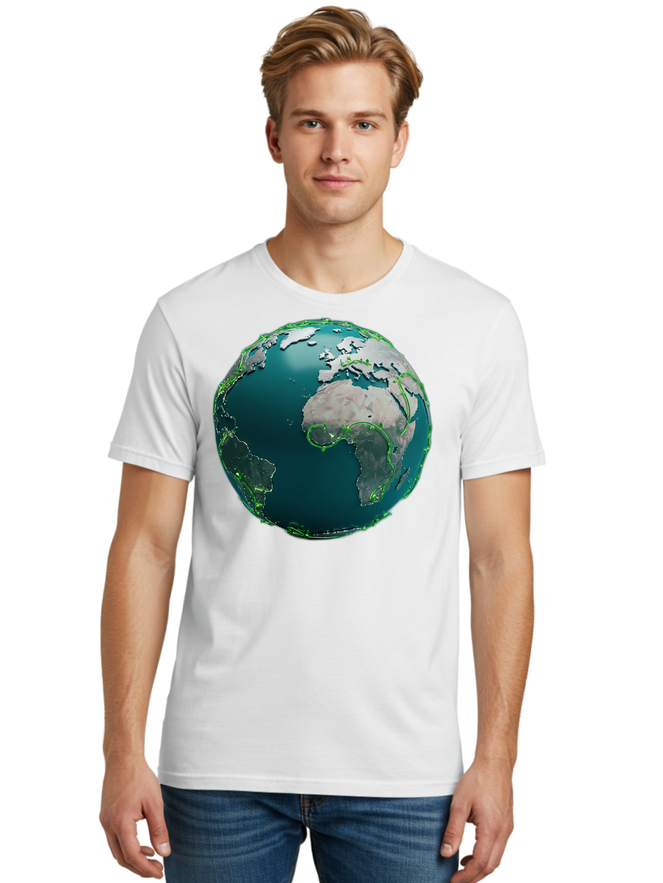 Earth-Globe-2 Men'S Graphic Tee, 100% Cotton, Comfortable Casual Summer Wear, Machine Washable, 3D Globe, World Map, Global Geography, International Boundaries, Africa And South America, Oceanic And Continental Landmasses, Baa577