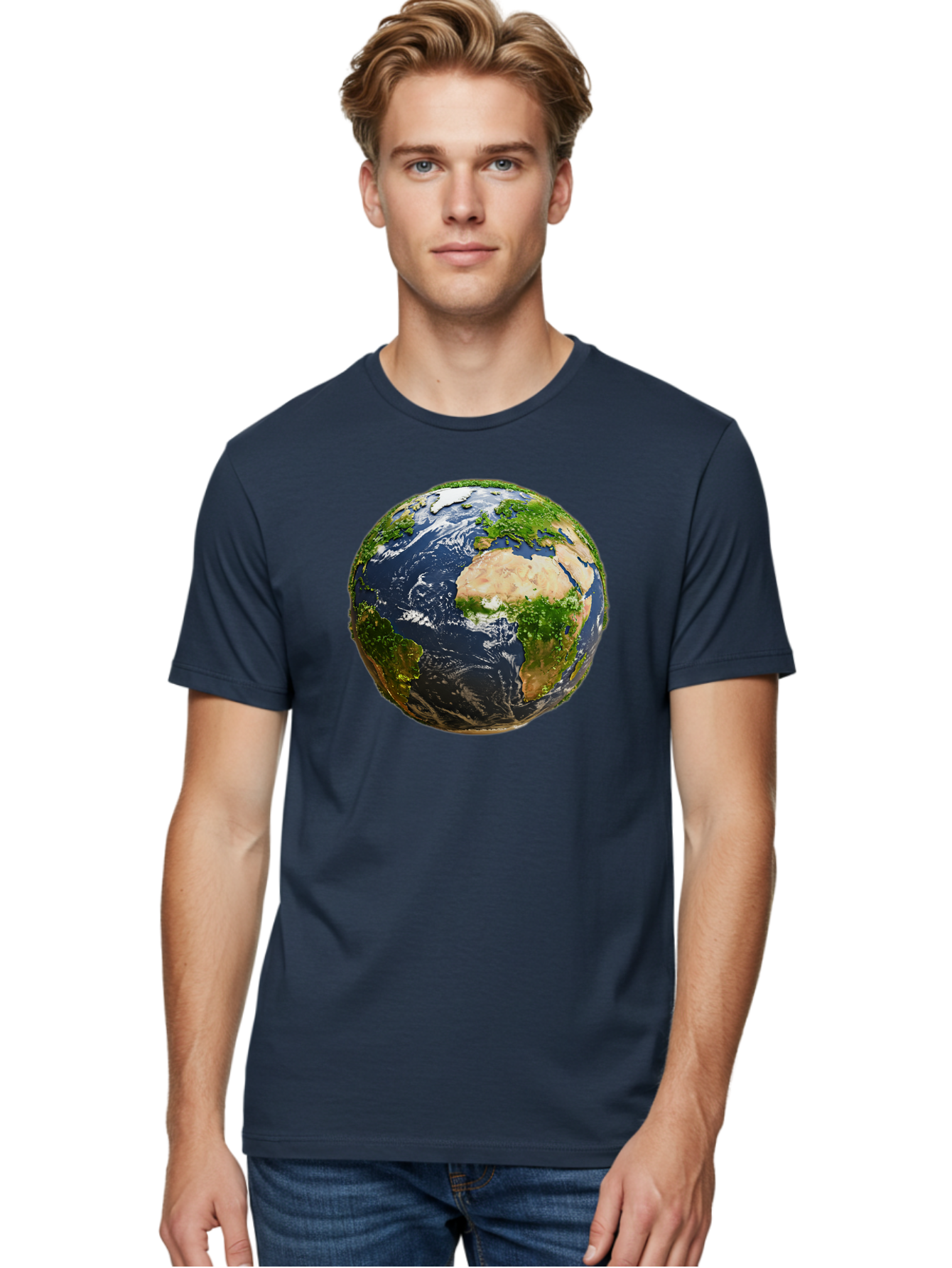 Earth-Globe-3 Men'S Graphic Tee, 100% Cotton, Comfortable Casual Summer Wear, Machine Washable, Globe, Earth From Space, World Map, Africa, Europe, Atlantic Ocean, Natural Beauty, Diverse Geography, Global Unity, Planet Earth Imagery, Baa578