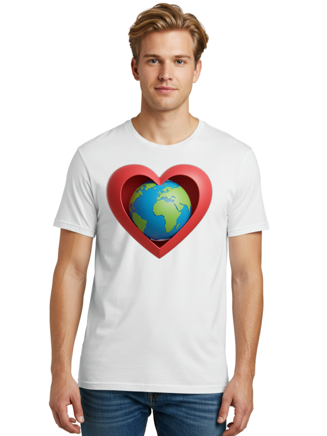 Earth-In-Heart-1 Men'S Graphic Tee, 100% Cotton, Comfortable Casual Summer Wear, Machine Washable, Globe Inside A Heart, 3D Rendering, Symbol Of Love For Earth, Environmental Awareness, Eco-Friendly, Global Unity, Caring For Planet Baa581