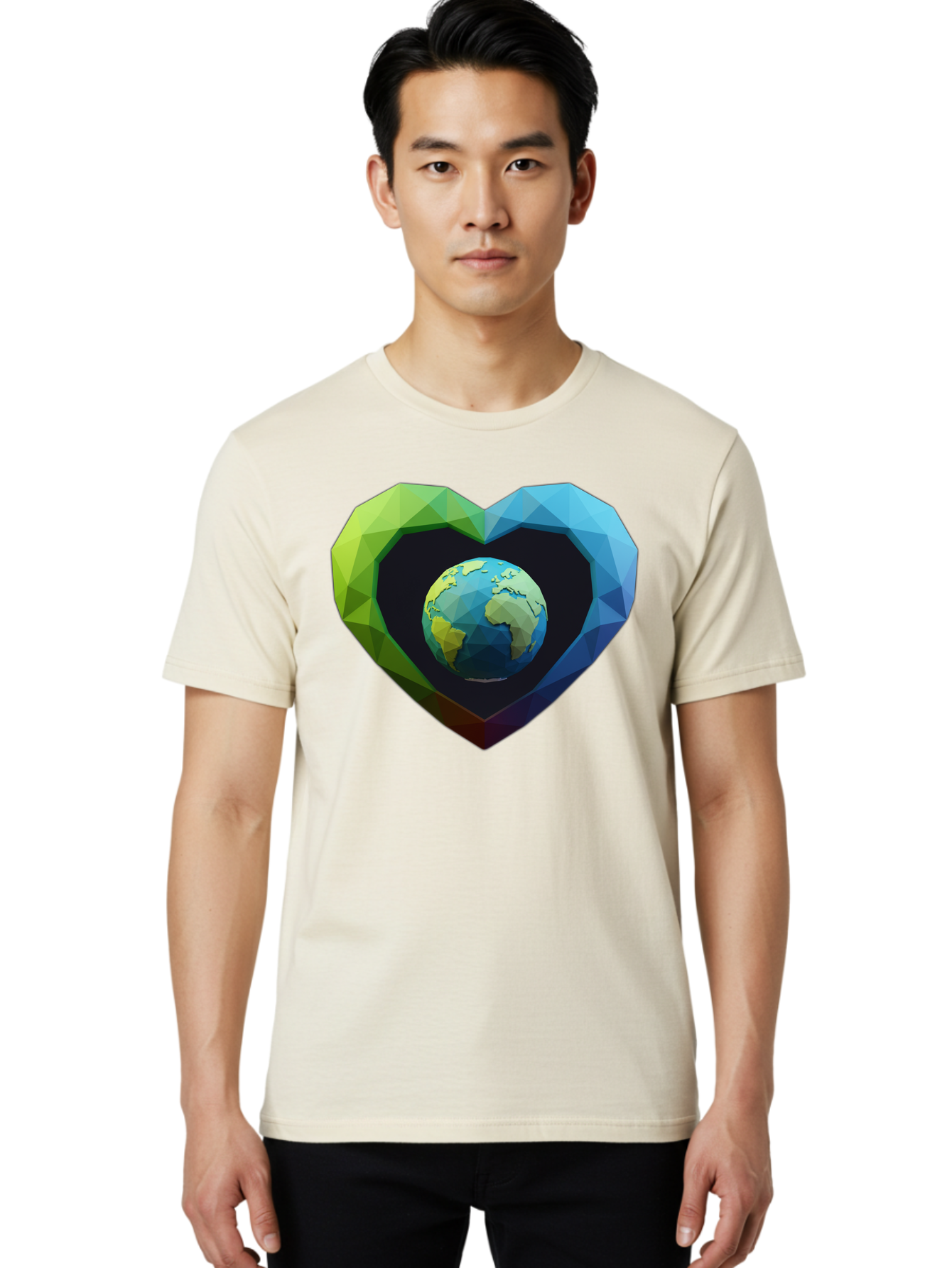 Earth-In-Heart-2 Men'S Graphic Tee, 100% Cotton, Comfortable Casual Summer Wear, Machine Washable, Globe In The Heart, Low Poly Art, Earth Love, Eco Friendly, Environmental Awareness, Blue And Green Hues, Polygonal Heart, Earth Centered, Baa582