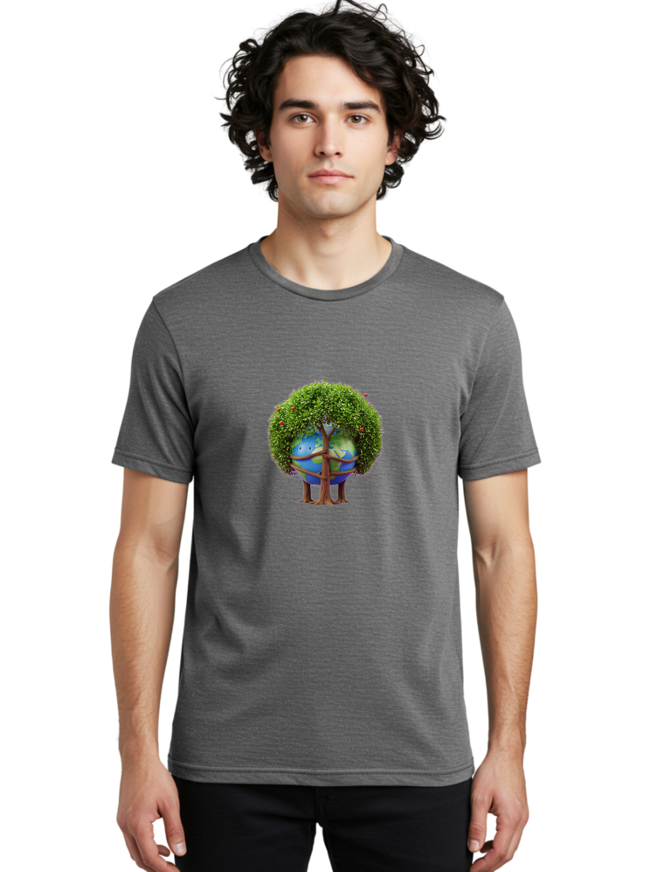 Earth-Tree Men'S Graphic Tee, 100% Cotton, Comfortable Casual Summer Wear, Machine Washable, Earth With Tree, Eco-Friendly, Environmental Conservation, Global Unity, Green Initiative, Sustainable Development, Nature Preservation, Cartoon Globe Baa585