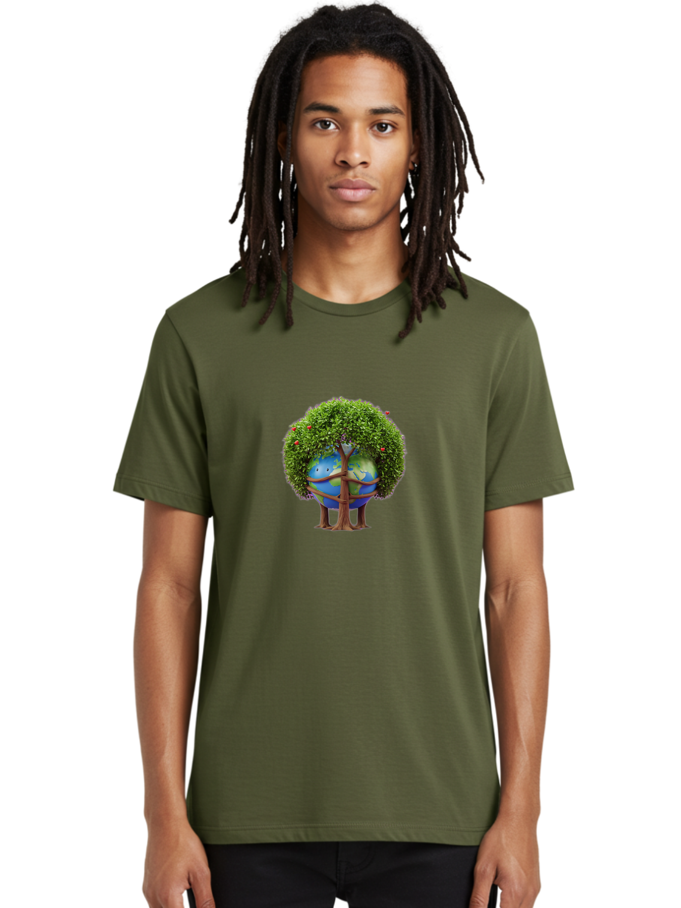 Earth-Tree Men'S Graphic Tee, 100% Cotton, Comfortable Casual Summer Wear, Machine Washable, Earth With Tree, Eco-Friendly, Environmental Conservation, Global Unity, Green Initiative, Sustainable Development, Nature Preservation, Cartoon Globe Baa585