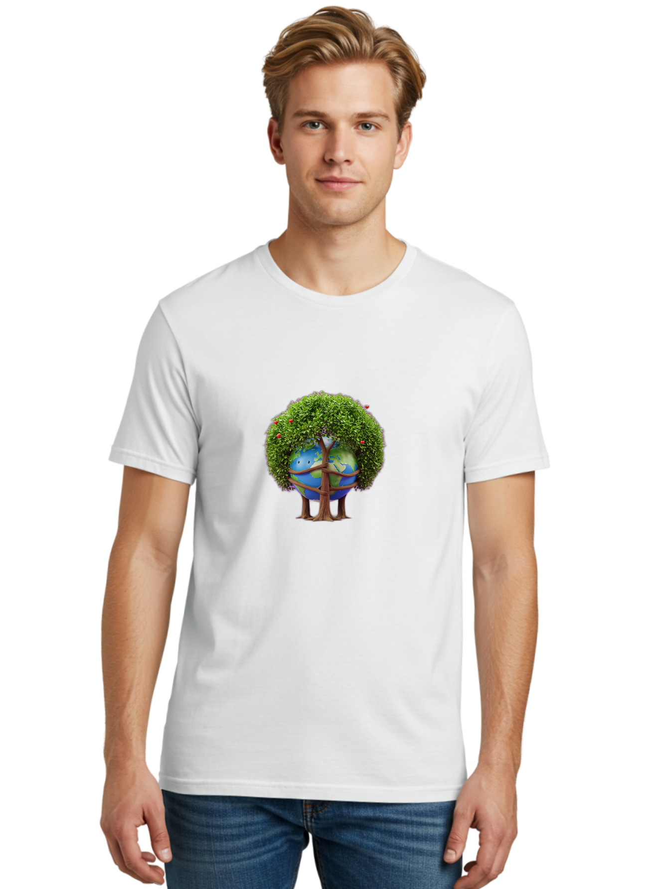 Earth-Tree Men'S Graphic Tee, 100% Cotton, Comfortable Casual Summer Wear, Machine Washable, Earth With Tree, Eco-Friendly, Environmental Conservation, Global Unity, Green Initiative, Sustainable Development, Nature Preservation, Cartoon Globe Baa585