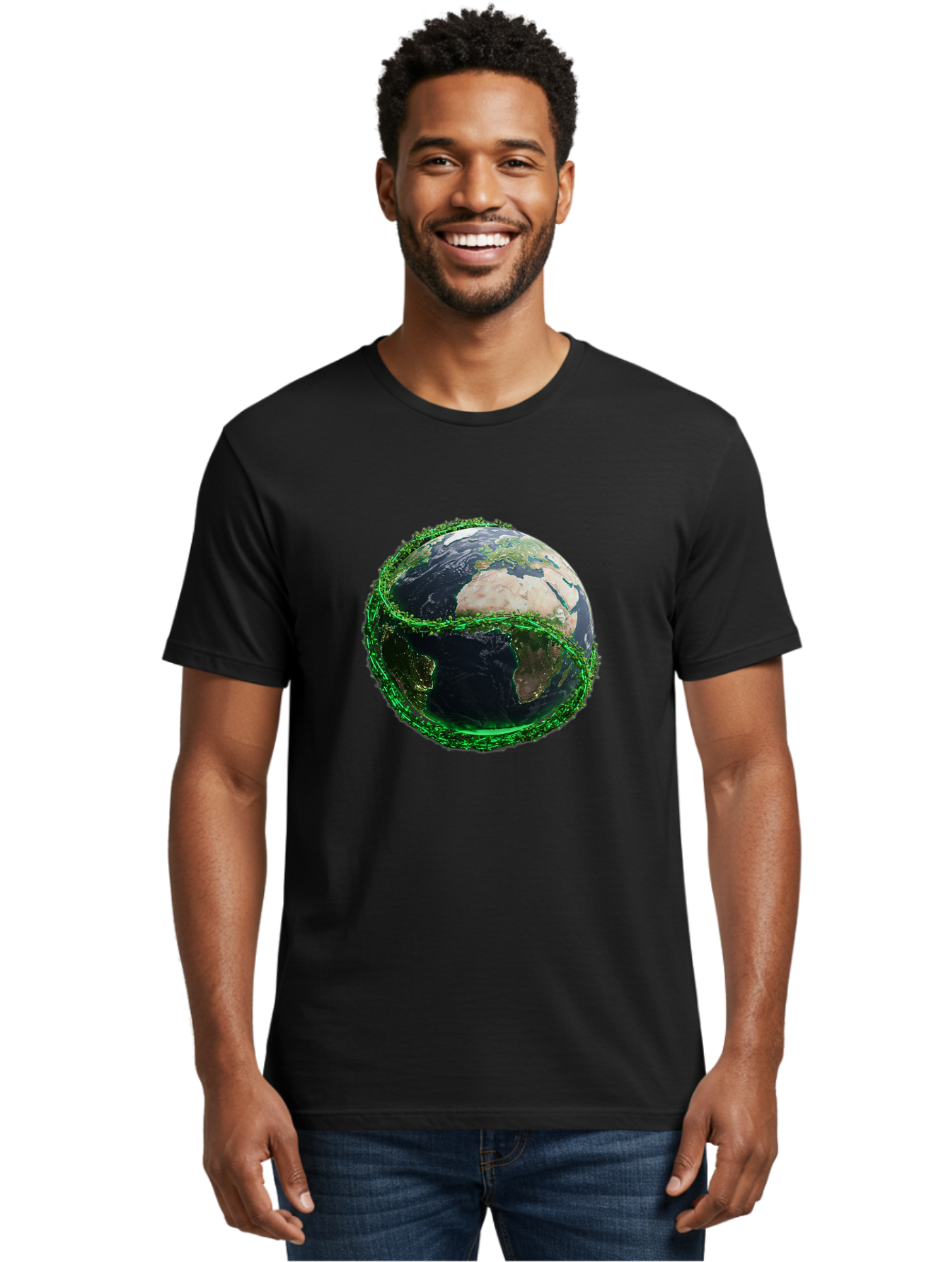 Earth-With-Circuitry Men'S Graphic Tee, 100% Cotton, Comfortable Casual Summer Wear, Machine Washable, Globe With Chain Link, International Security, Global Protection, Earth From Space, Chain Link Fence, Digital Representation, 3D Rendering, Baa586