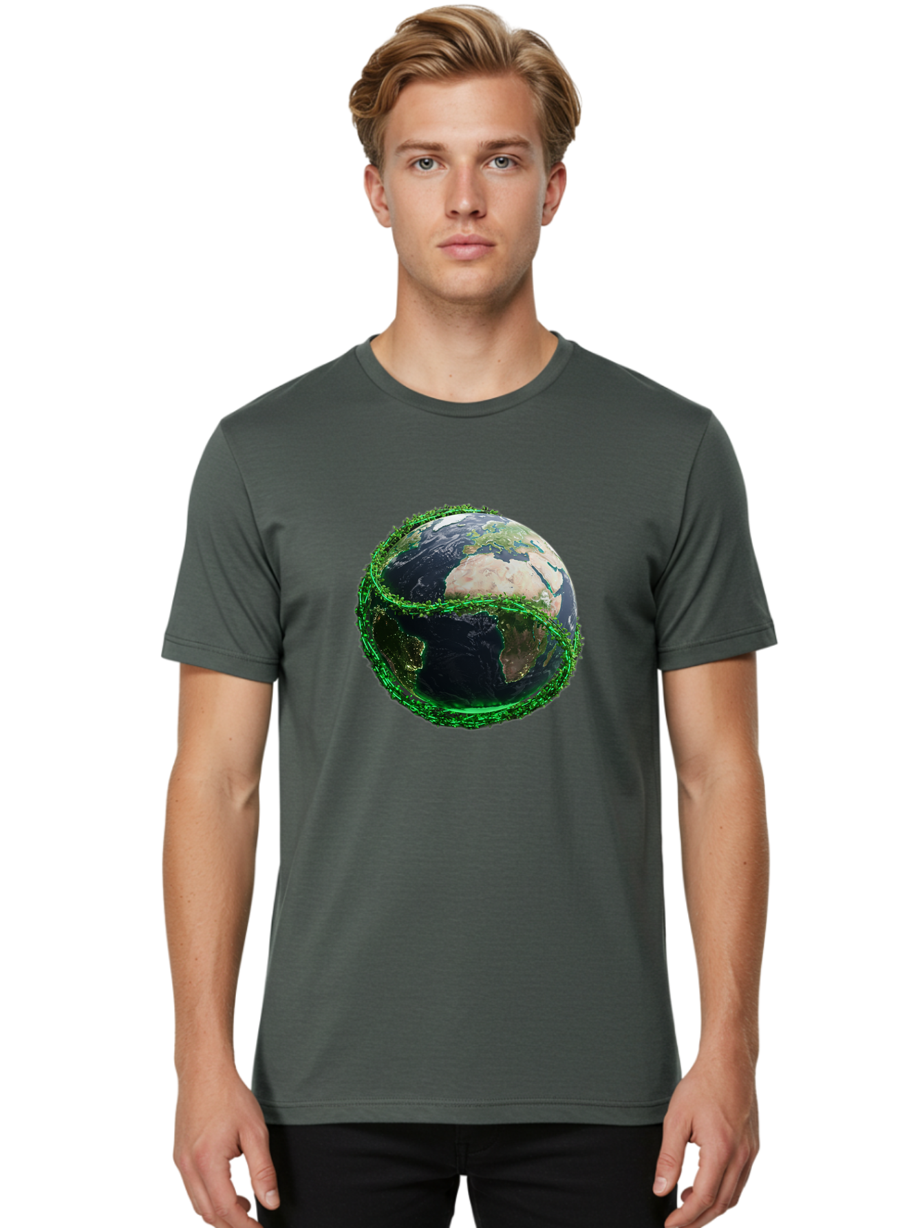 Earth-With-Circuitry Men'S Graphic Tee, 100% Cotton, Comfortable Casual Summer Wear, Machine Washable, Globe With Chain Link, International Security, Global Protection, Earth From Space, Chain Link Fence, Digital Representation, 3D Rendering, Baa586