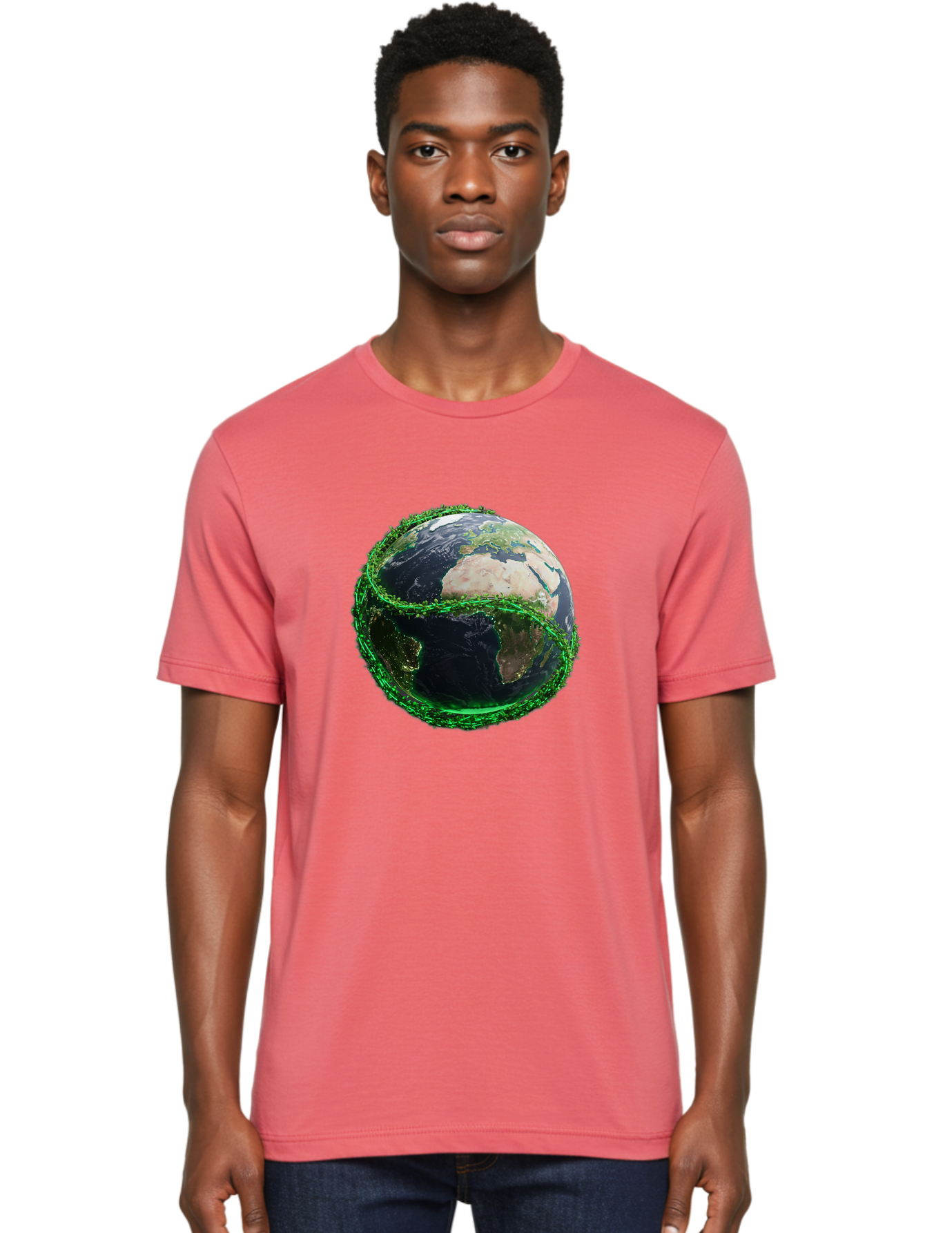 Earth-With-Circuitry Men'S Graphic Tee, 100% Cotton, Comfortable Casual Summer Wear, Machine Washable, Globe With Chain Link, International Security, Global Protection, Earth From Space, Chain Link Fence, Digital Representation, 3D Rendering, Baa586