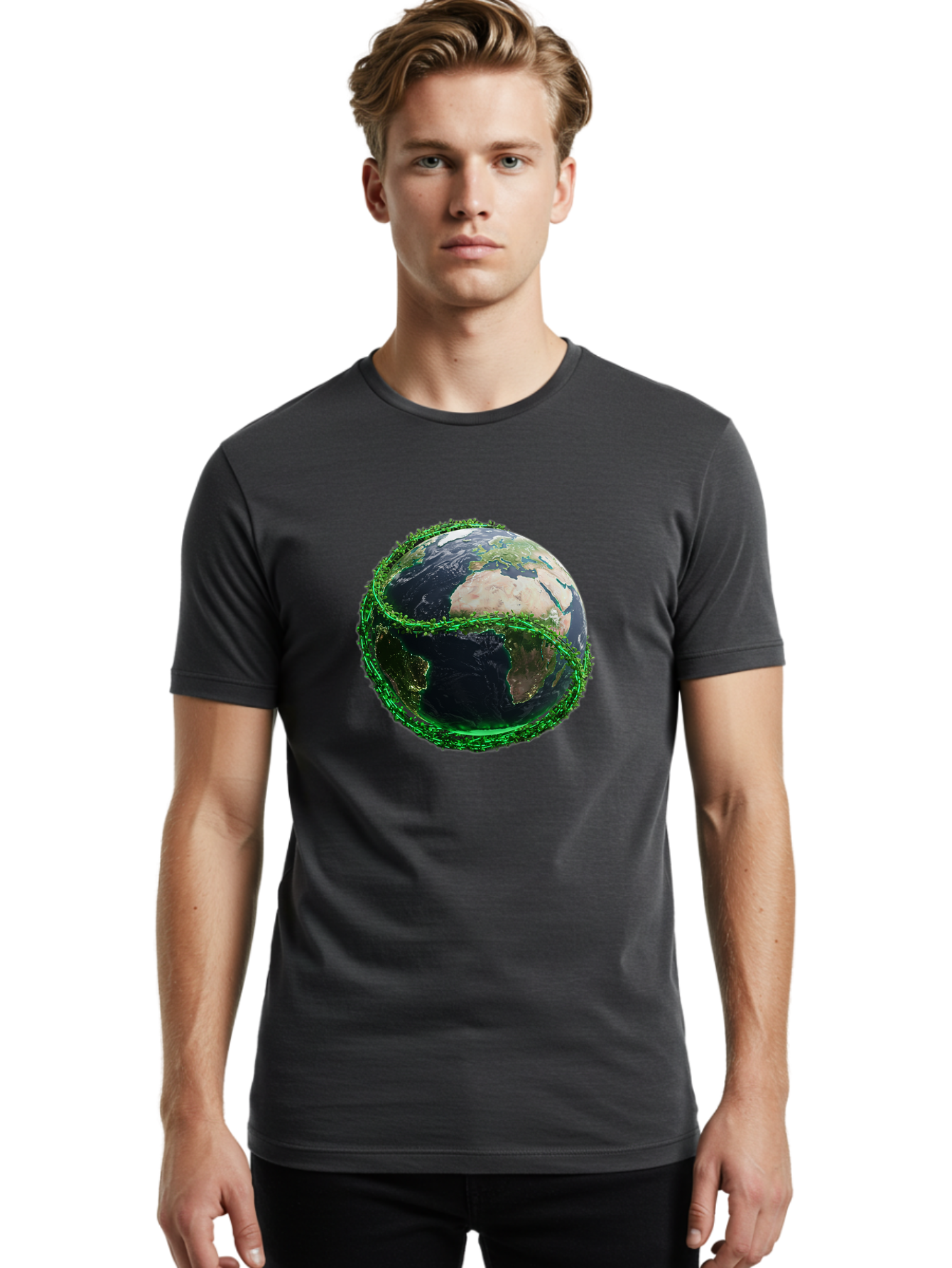 Earth-With-Circuitry Men'S Graphic Tee, 100% Cotton, Comfortable Casual Summer Wear, Machine Washable, Globe With Chain Link, International Security, Global Protection, Earth From Space, Chain Link Fence, Digital Representation, 3D Rendering, Baa586