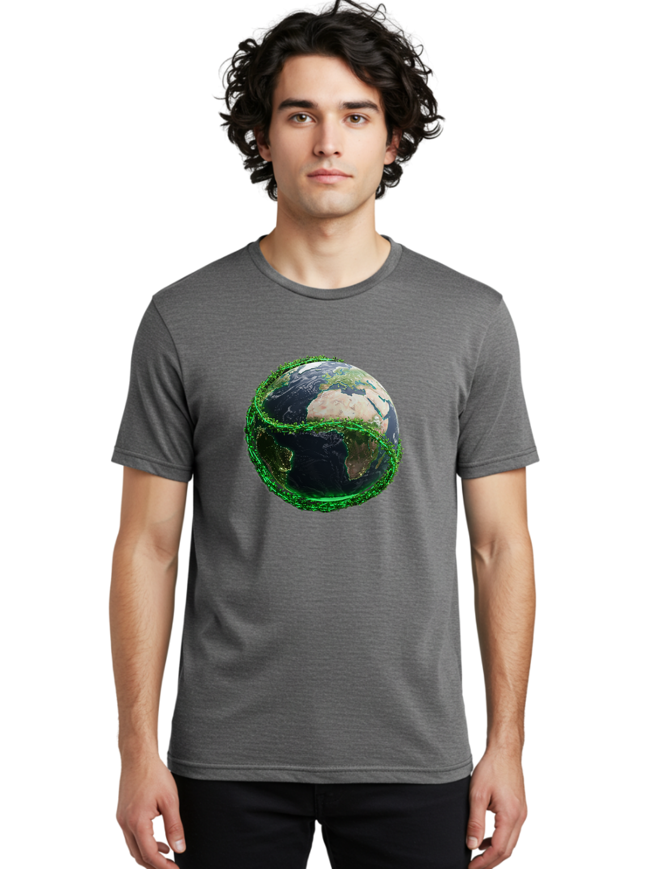 Earth-With-Circuitry Men'S Graphic Tee, 100% Cotton, Comfortable Casual Summer Wear, Machine Washable, Globe With Chain Link, International Security, Global Protection, Earth From Space, Chain Link Fence, Digital Representation, 3D Rendering, Baa586