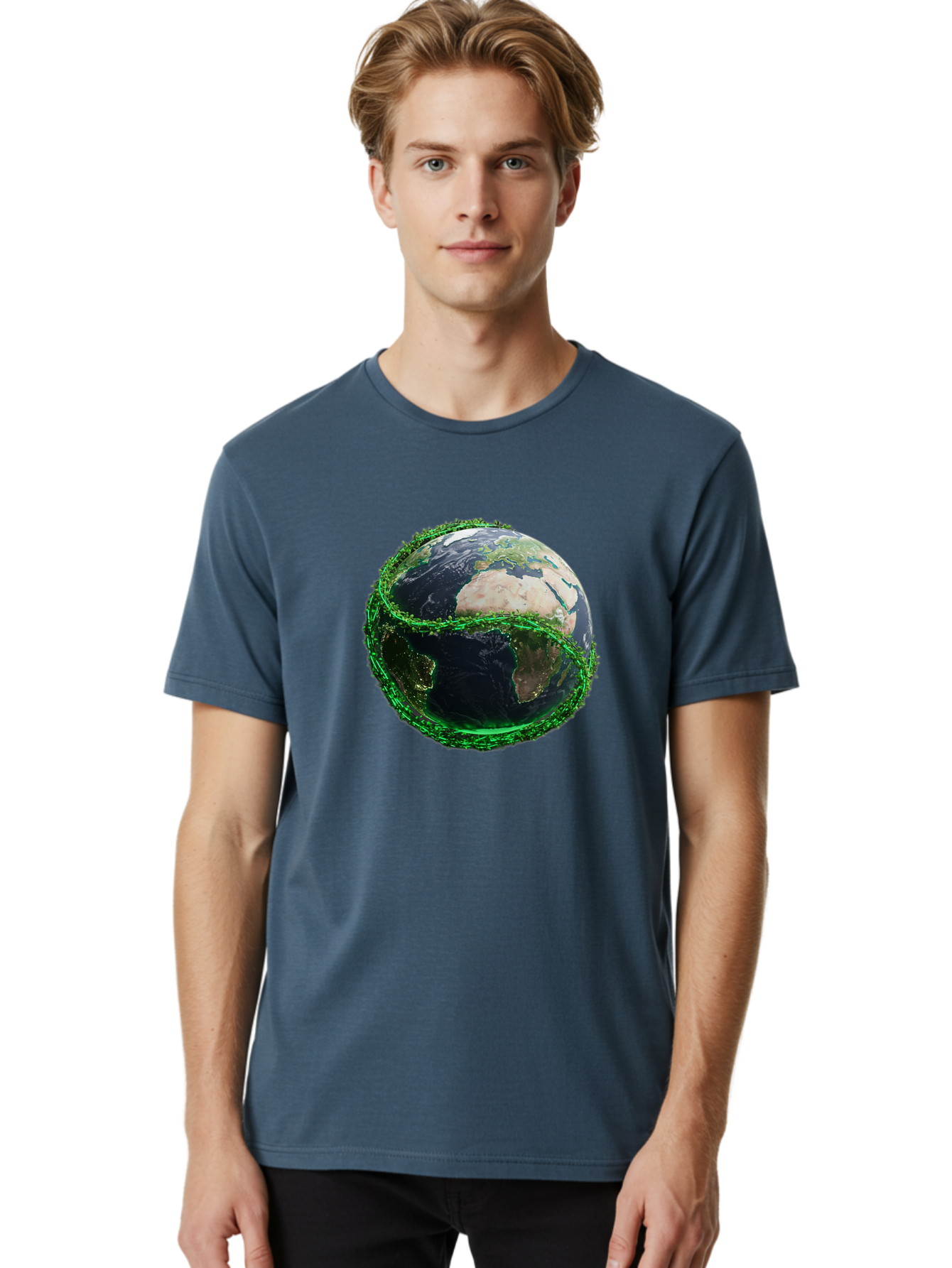 Earth-With-Circuitry Men'S Graphic Tee, 100% Cotton, Comfortable Casual Summer Wear, Machine Washable, Globe With Chain Link, International Security, Global Protection, Earth From Space, Chain Link Fence, Digital Representation, 3D Rendering, Baa586