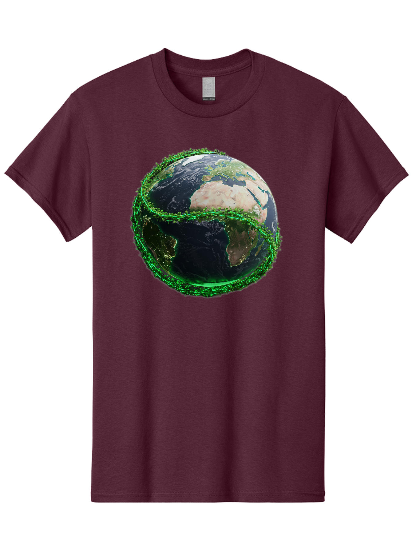 Earth-With-Circuitry Men'S Graphic Tee, 100% Cotton, Comfortable Casual Summer Wear, Machine Washable, Globe With Chain Link, International Security, Global Protection, Earth From Space, Chain Link Fence, Digital Representation, 3D Rendering, Baa586
