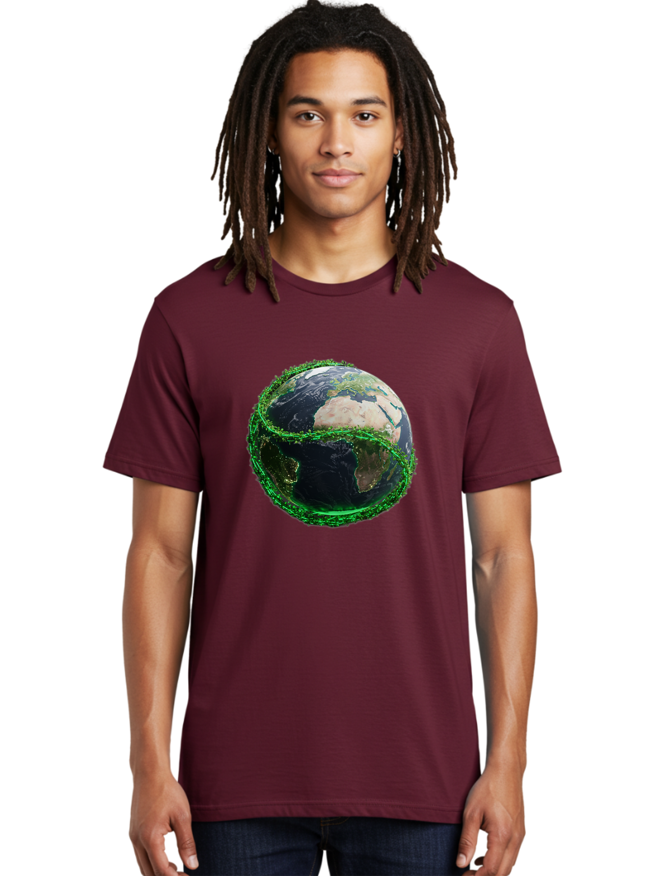 Earth-With-Circuitry Men'S Graphic Tee, 100% Cotton, Comfortable Casual Summer Wear, Machine Washable, Globe With Chain Link, International Security, Global Protection, Earth From Space, Chain Link Fence, Digital Representation, 3D Rendering, Baa586