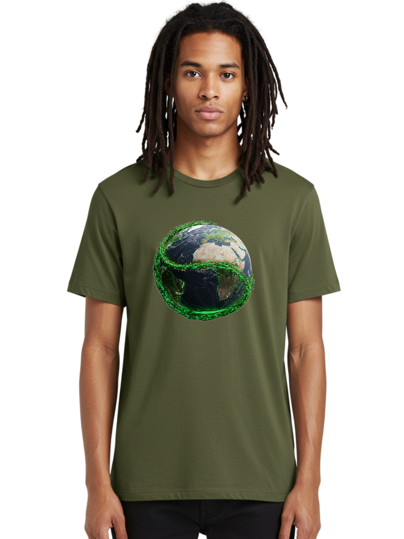 Earth-With-Circuitry Men'S Graphic Tee, 100% Cotton, Comfortable Casual Summer Wear, Machine Washable, Globe With Chain Link, International Security, Global Protection, Earth From Space, Chain Link Fence, Digital Representation, 3D Rendering, Baa586