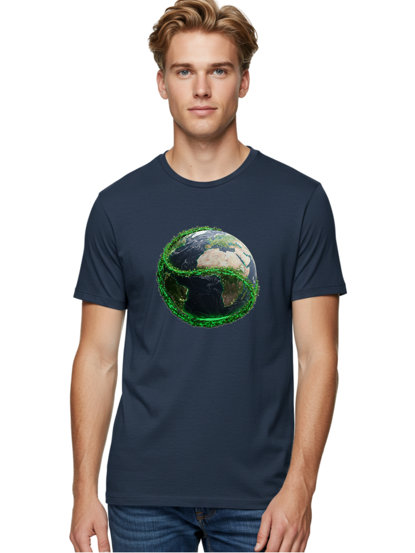 Earth-With-Circuitry Men'S Graphic Tee, 100% Cotton, Comfortable Casual Summer Wear, Machine Washable, Globe With Chain Link, International Security, Global Protection, Earth From Space, Chain Link Fence, Digital Representation, 3D Rendering, Baa586