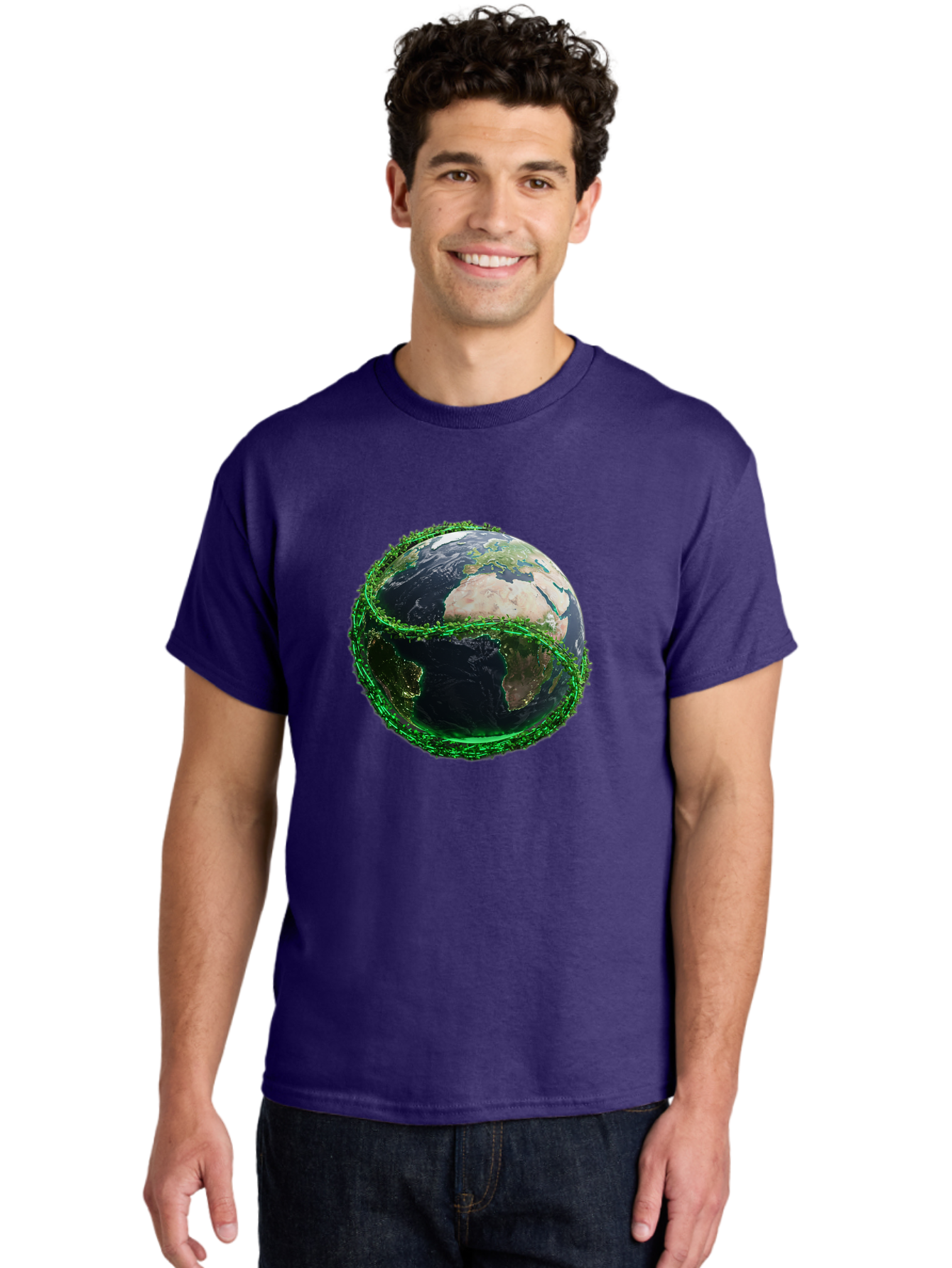 Earth-With-Circuitry Men'S Graphic Tee, 100% Cotton, Comfortable Casual Summer Wear, Machine Washable, Globe With Chain Link, International Security, Global Protection, Earth From Space, Chain Link Fence, Digital Representation, 3D Rendering, Baa586