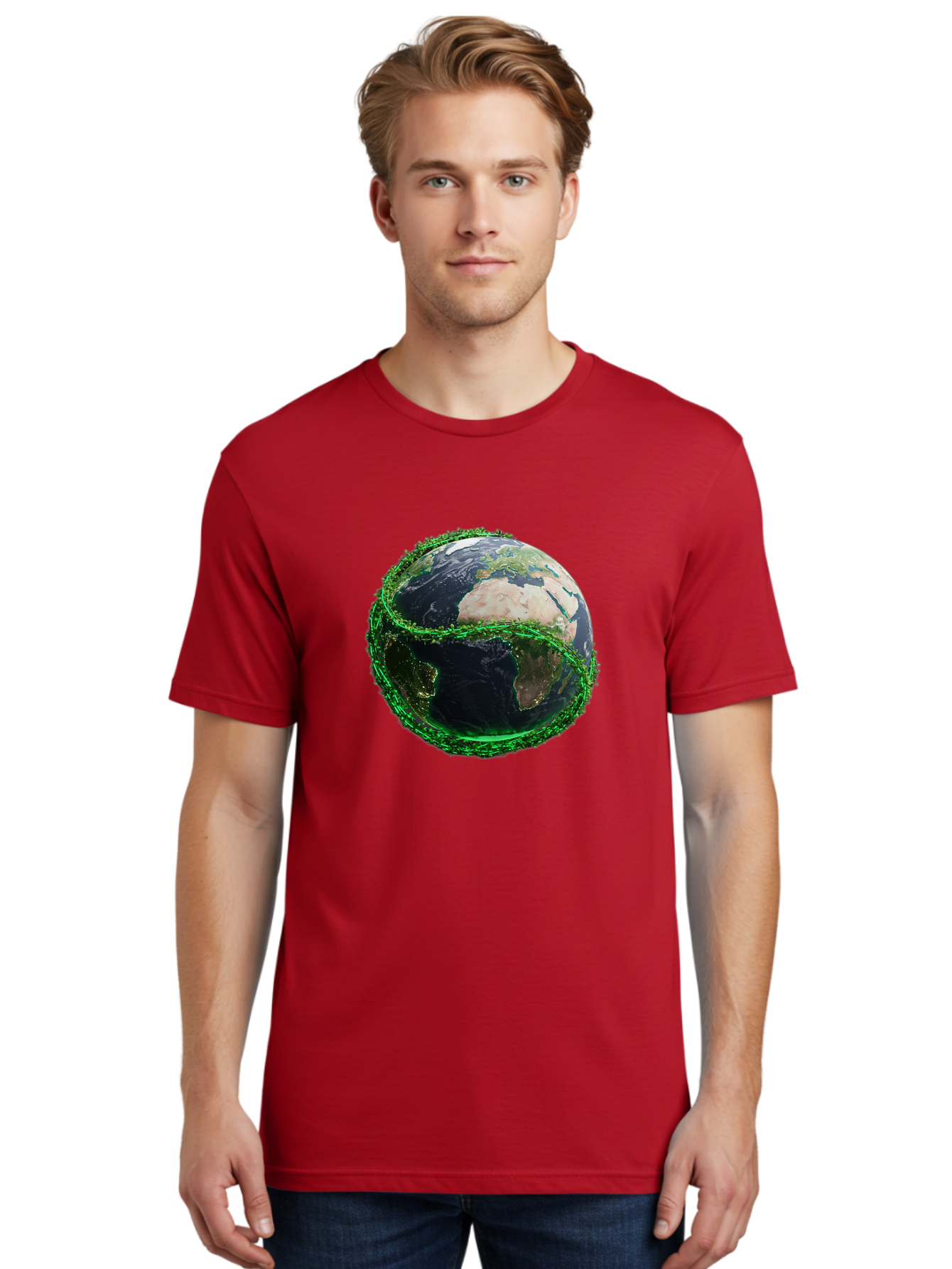 Earth-With-Circuitry Men'S Graphic Tee, 100% Cotton, Comfortable Casual Summer Wear, Machine Washable, Globe With Chain Link, International Security, Global Protection, Earth From Space, Chain Link Fence, Digital Representation, 3D Rendering, Baa586