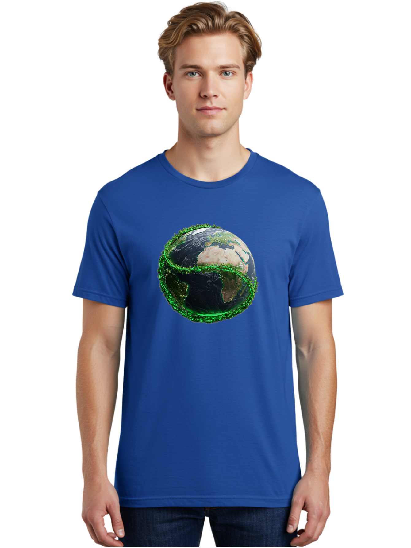Earth-With-Circuitry Men'S Graphic Tee, 100% Cotton, Comfortable Casual Summer Wear, Machine Washable, Globe With Chain Link, International Security, Global Protection, Earth From Space, Chain Link Fence, Digital Representation, 3D Rendering, Baa586