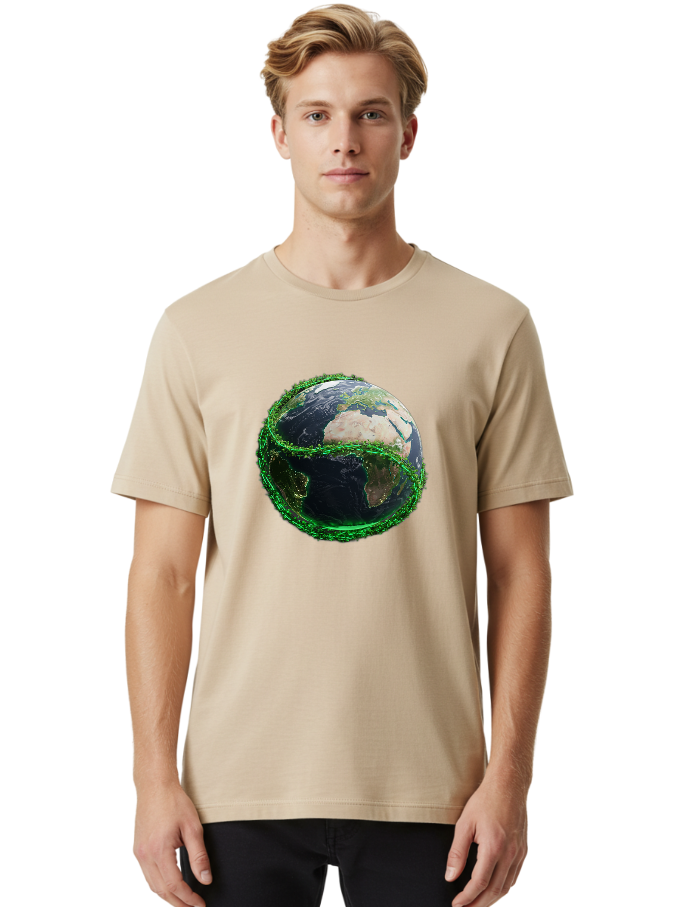 Earth-With-Circuitry Men'S Graphic Tee, 100% Cotton, Comfortable Casual Summer Wear, Machine Washable, Globe With Chain Link, International Security, Global Protection, Earth From Space, Chain Link Fence, Digital Representation, 3D Rendering, Baa586