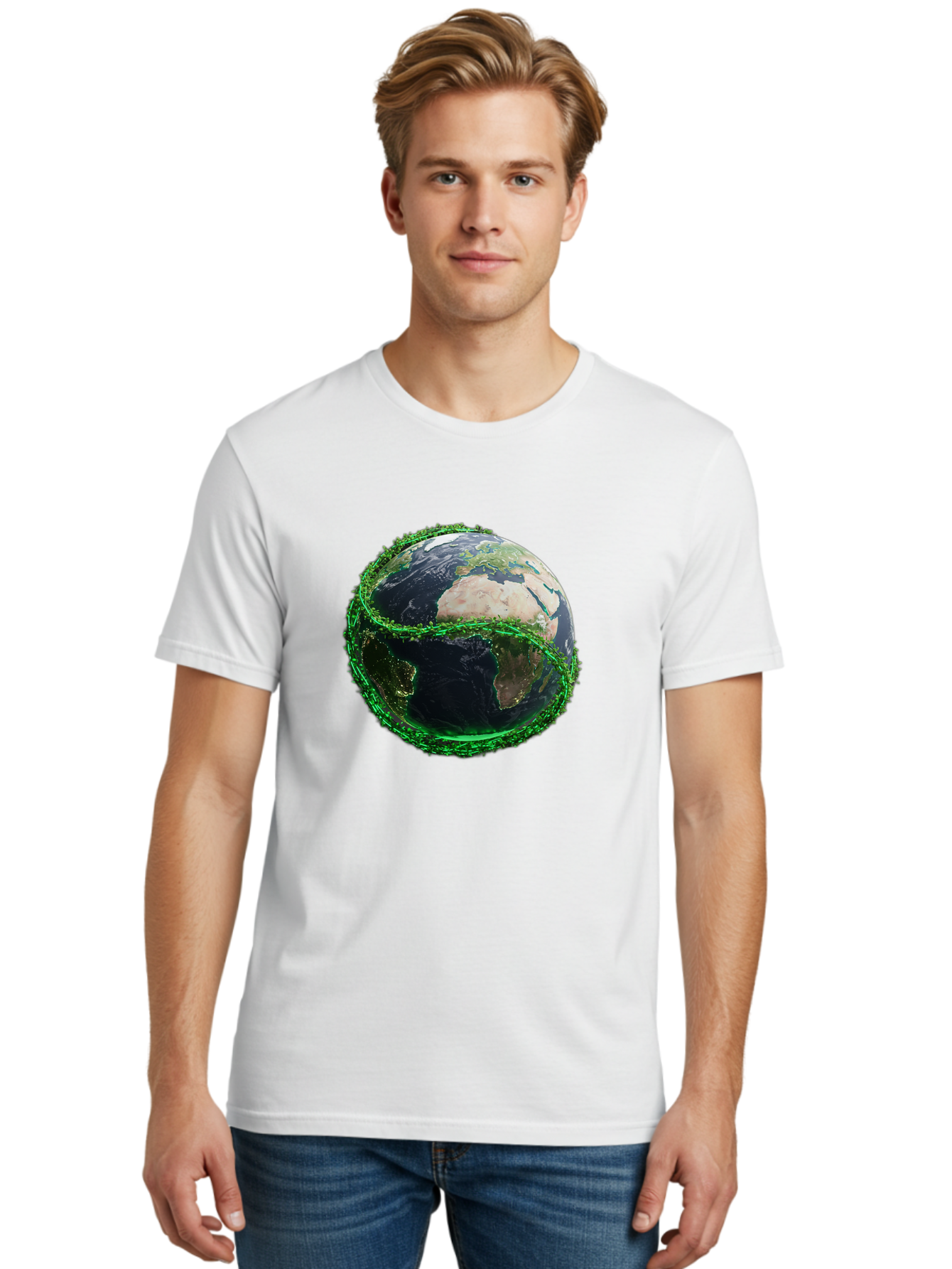 Earth-With-Circuitry Men'S Graphic Tee, 100% Cotton, Comfortable Casual Summer Wear, Machine Washable, Globe With Chain Link, International Security, Global Protection, Earth From Space, Chain Link Fence, Digital Representation, 3D Rendering, Baa586