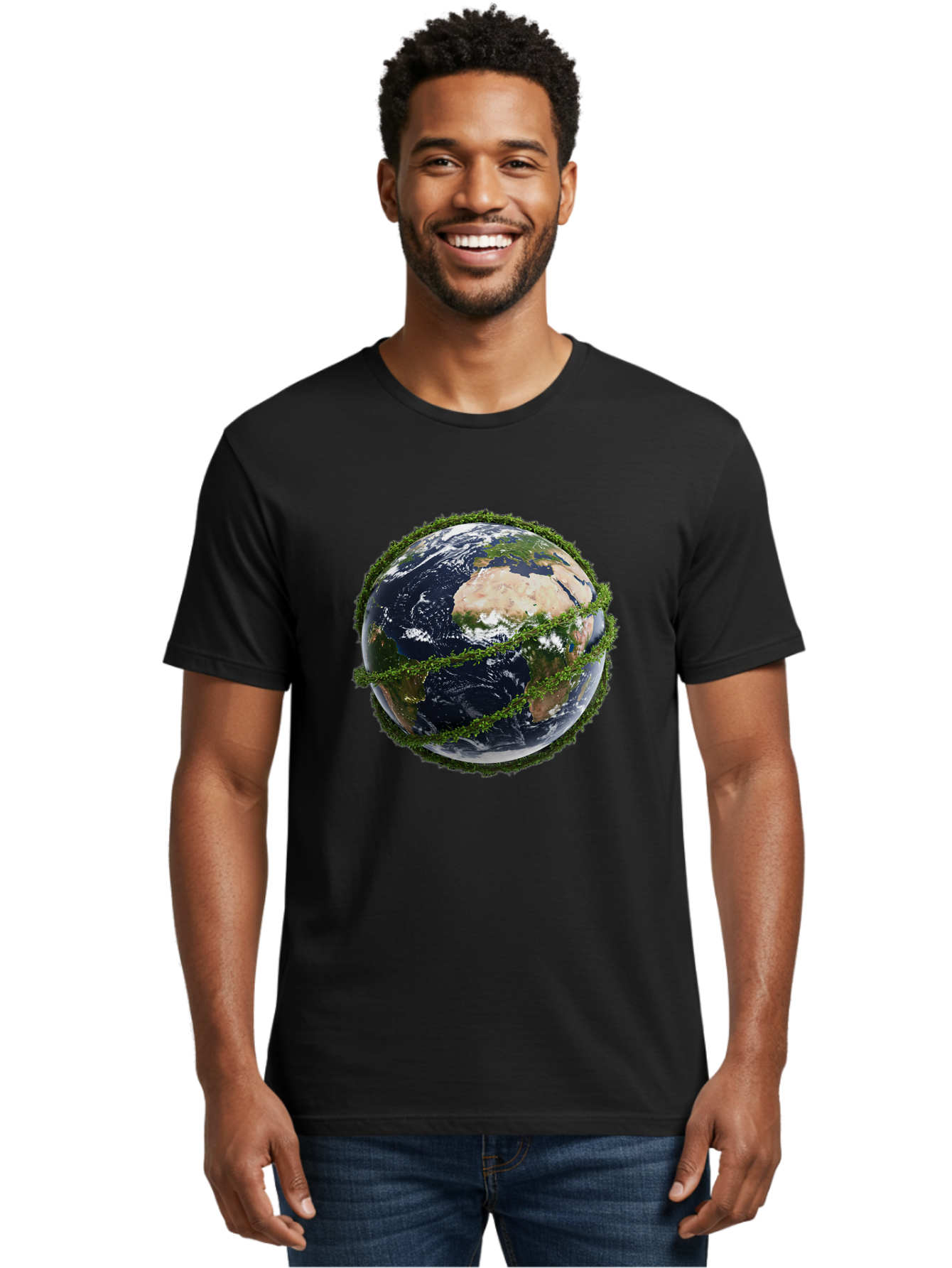 Earth-With-Foliage Men'S Graphic Tee, 100% Cotton, Comfortable Casual Summer Wear, Machine Washable, Globe Surrounded By Greenery, Earth From Space, Environmental Conservation, Global Unity, Sustainable Living, Eco-Friendly, Planet Earth, Baa587