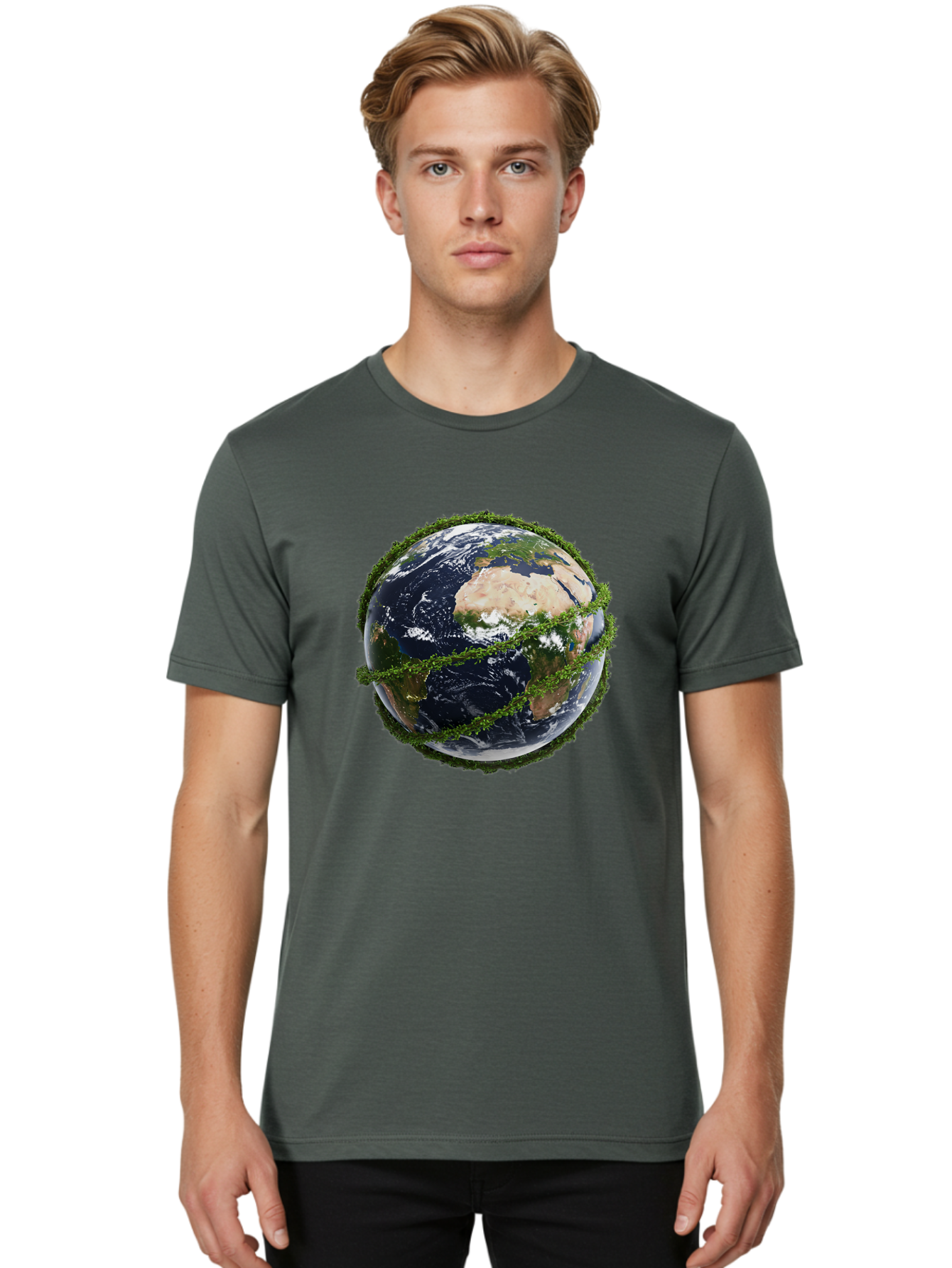 Earth-With-Foliage Men'S Graphic Tee, 100% Cotton, Comfortable Casual Summer Wear, Machine Washable, Globe Surrounded By Greenery, Earth From Space, Environmental Conservation, Global Unity, Sustainable Living, Eco-Friendly, Planet Earth, Baa587