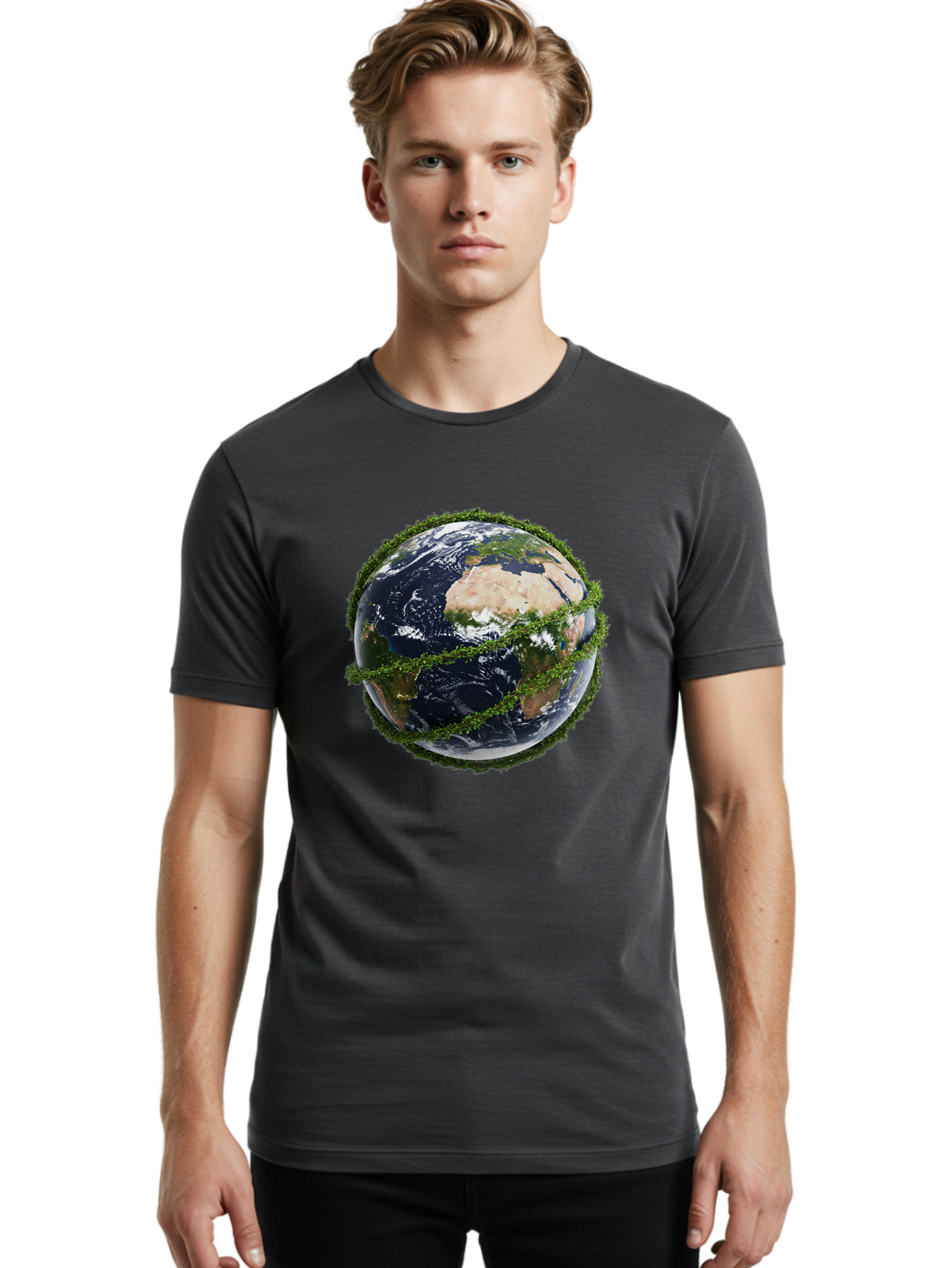 Earth-With-Foliage Men'S Graphic Tee, 100% Cotton, Comfortable Casual Summer Wear, Machine Washable, Globe Surrounded By Greenery, Earth From Space, Environmental Conservation, Global Unity, Sustainable Living, Eco-Friendly, Planet Earth, Baa587