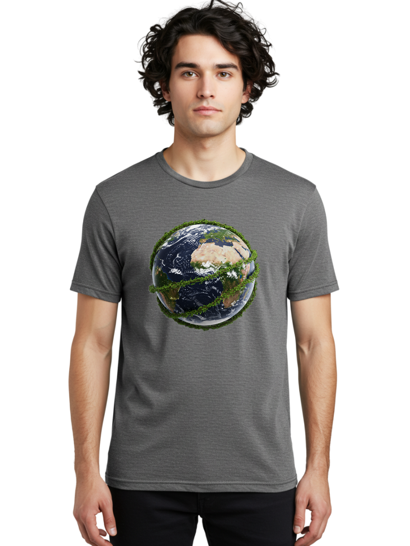 Earth-With-Foliage Men'S Graphic Tee, 100% Cotton, Comfortable Casual Summer Wear, Machine Washable, Globe Surrounded By Greenery, Earth From Space, Environmental Conservation, Global Unity, Sustainable Living, Eco-Friendly, Planet Earth, Baa587