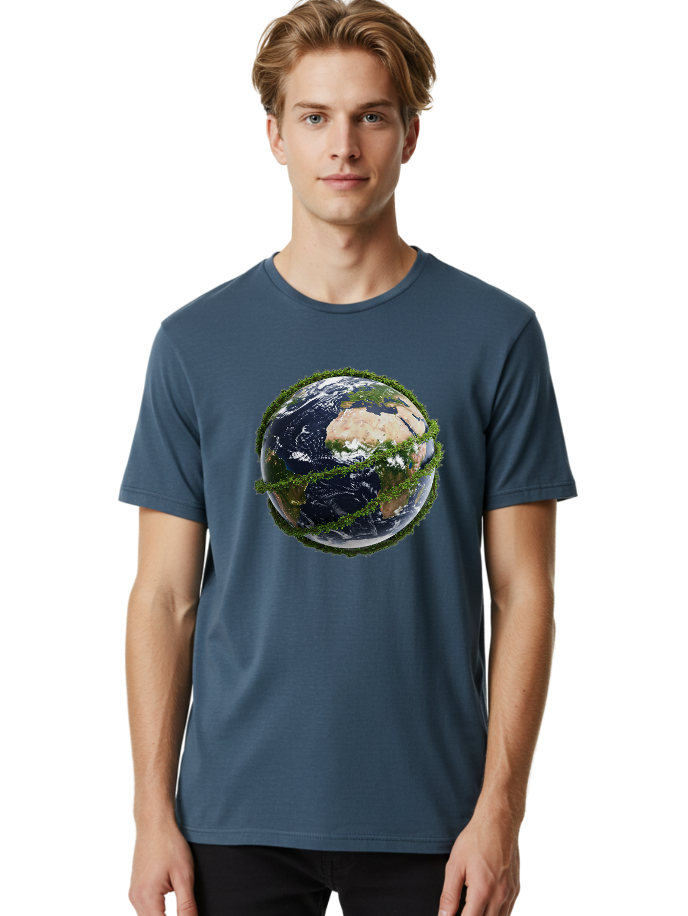 Earth-With-Foliage Men'S Graphic Tee, 100% Cotton, Comfortable Casual Summer Wear, Machine Washable, Globe Surrounded By Greenery, Earth From Space, Environmental Conservation, Global Unity, Sustainable Living, Eco-Friendly, Planet Earth, Baa587