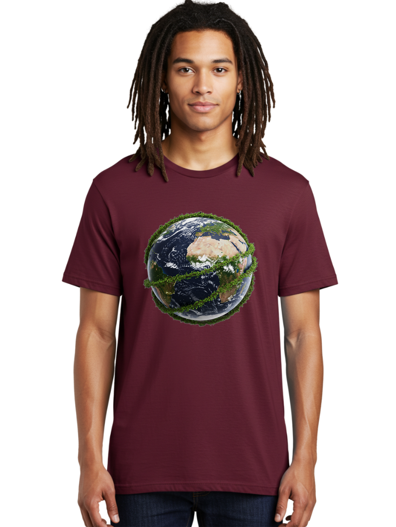 Earth-With-Foliage Men'S Graphic Tee, 100% Cotton, Comfortable Casual Summer Wear, Machine Washable, Globe Surrounded By Greenery, Earth From Space, Environmental Conservation, Global Unity, Sustainable Living, Eco-Friendly, Planet Earth, Baa587