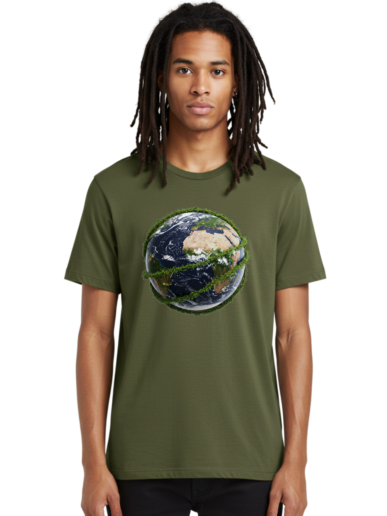 Earth-With-Foliage Men'S Graphic Tee, 100% Cotton, Comfortable Casual Summer Wear, Machine Washable, Globe Surrounded By Greenery, Earth From Space, Environmental Conservation, Global Unity, Sustainable Living, Eco-Friendly, Planet Earth, Baa587