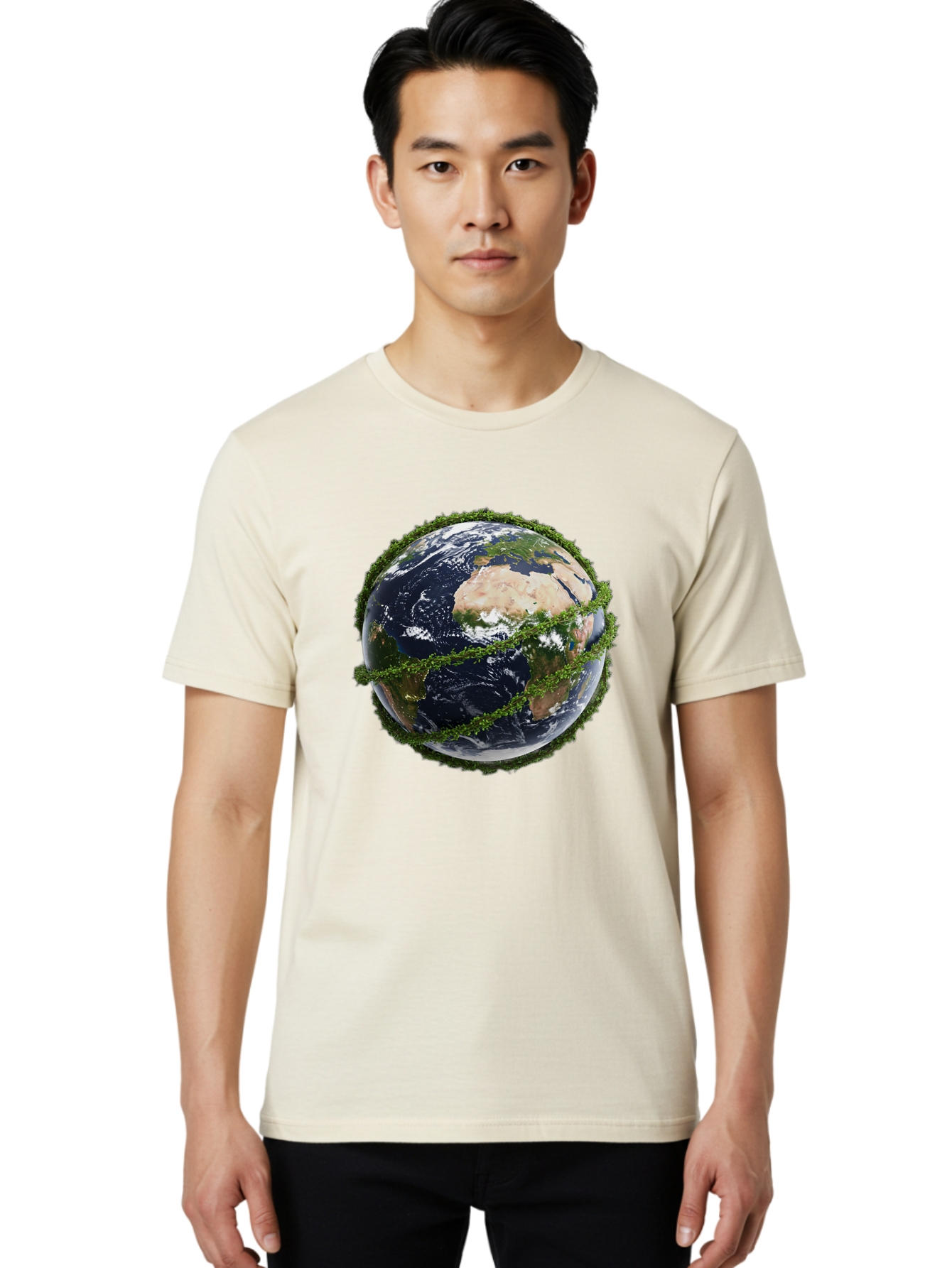 Earth-With-Foliage Men'S Graphic Tee, 100% Cotton, Comfortable Casual Summer Wear, Machine Washable, Globe Surrounded By Greenery, Earth From Space, Environmental Conservation, Global Unity, Sustainable Living, Eco-Friendly, Planet Earth, Baa587