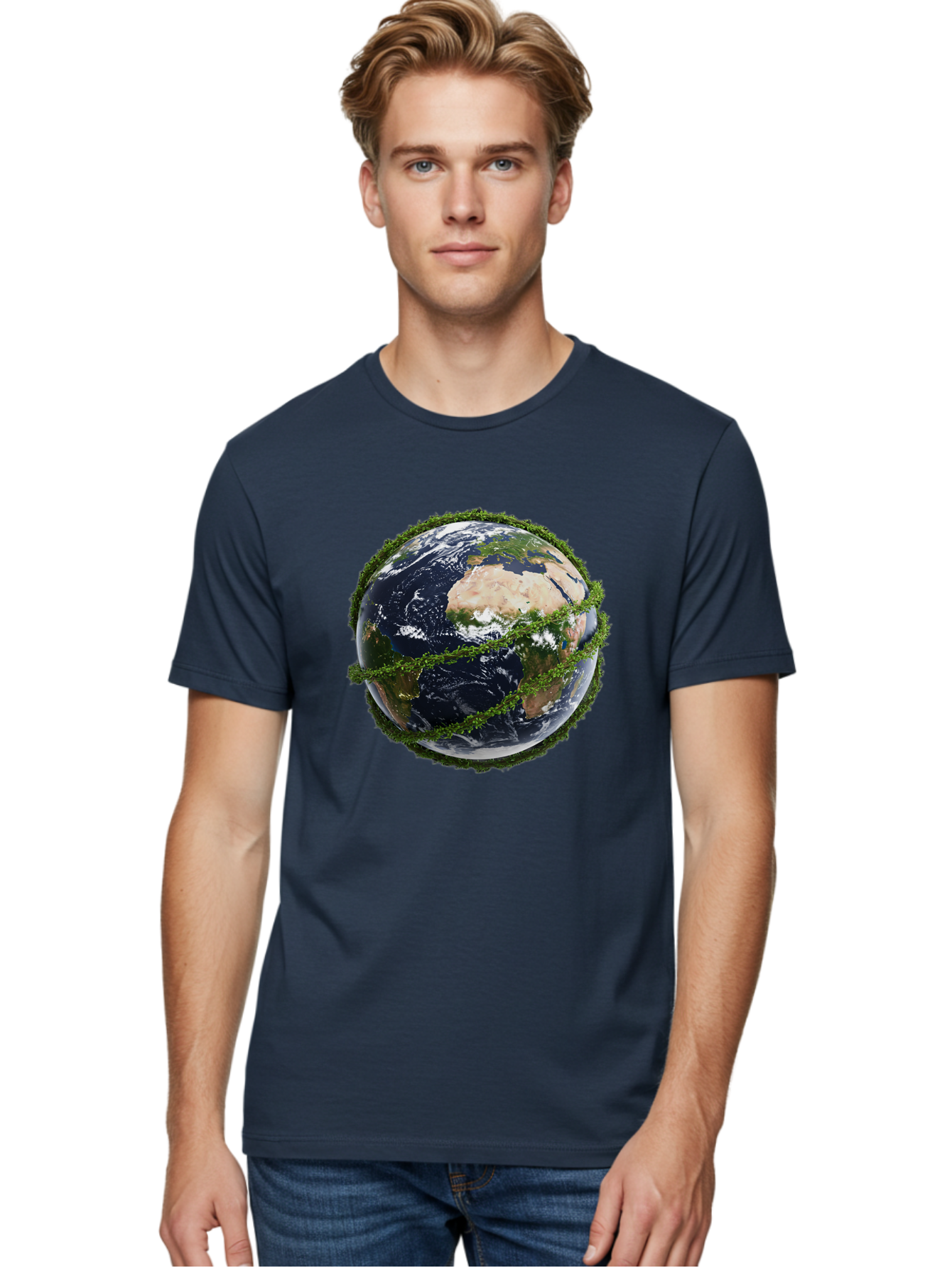 Earth-With-Foliage Men'S Graphic Tee, 100% Cotton, Comfortable Casual Summer Wear, Machine Washable, Globe Surrounded By Greenery, Earth From Space, Environmental Conservation, Global Unity, Sustainable Living, Eco-Friendly, Planet Earth, Baa587