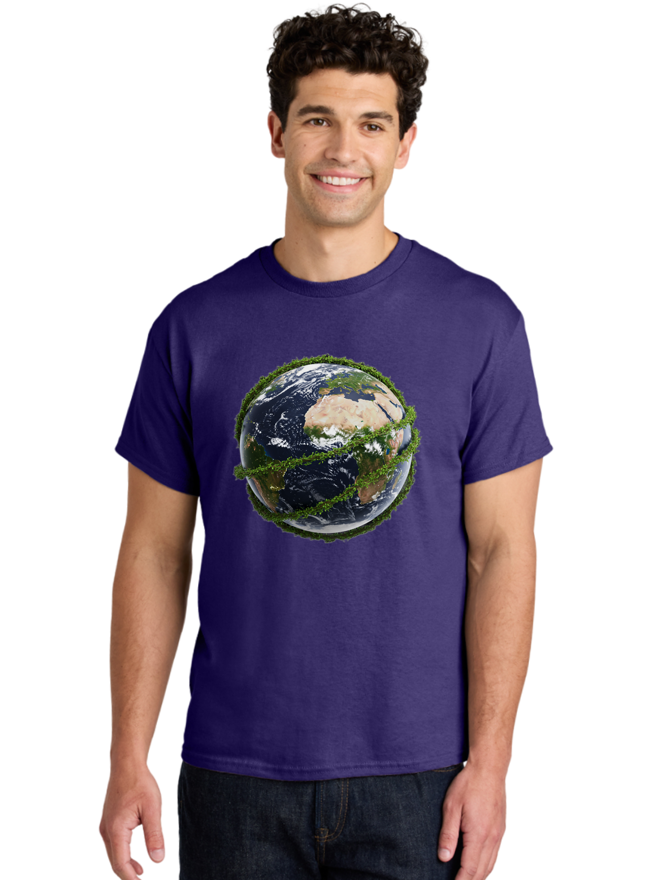 Earth-With-Foliage Men'S Graphic Tee, 100% Cotton, Comfortable Casual Summer Wear, Machine Washable, Globe Surrounded By Greenery, Earth From Space, Environmental Conservation, Global Unity, Sustainable Living, Eco-Friendly, Planet Earth, Baa587